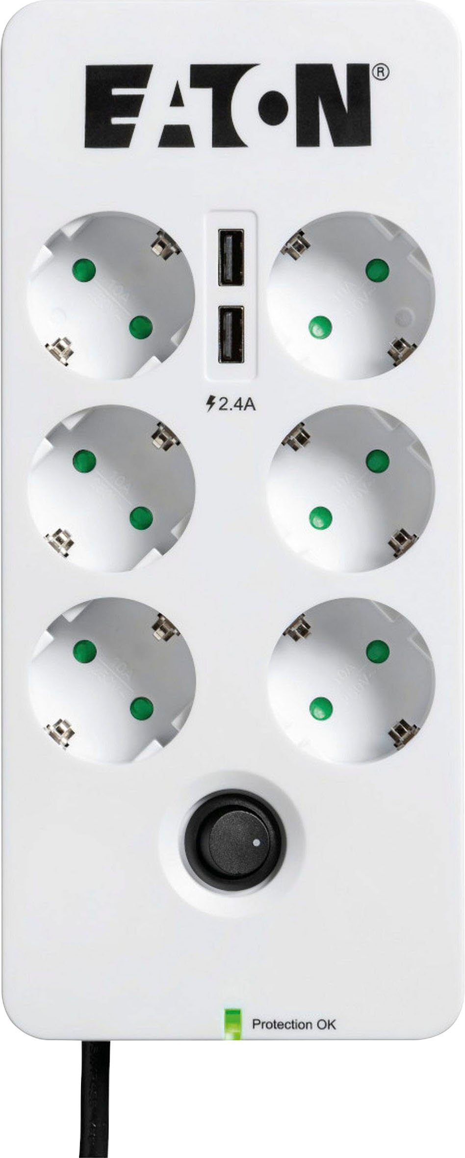 EATON Protection Box 6 Tel@ USB DIN Mehrfachsteckdose 6-fach (Ein- / Ausschalter, LED-Statusanzeige, Überspannungsschutz, Kabellänge 1,5 m)