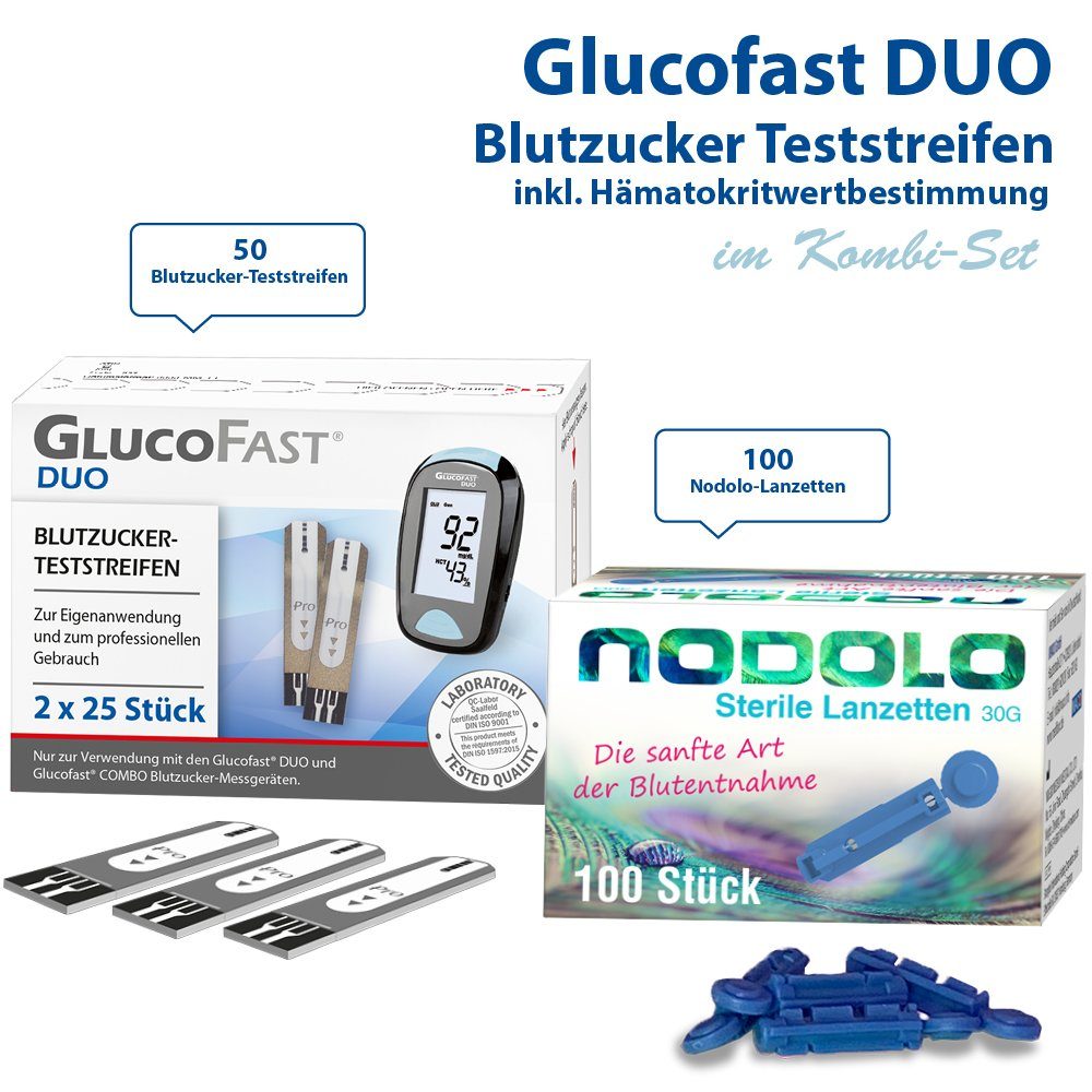 GLUCOFAST Blutzucker-Teststreifen DUO, 50 Stück und 100 Nodolo Lanzetten, 1-tlg., Kombiset