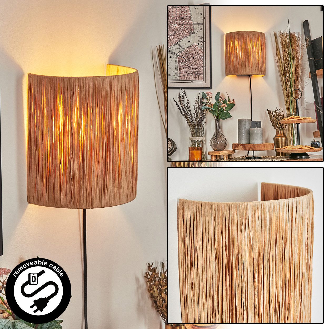 hofstein Wandleuchte Wandlampe aus Metall/Bast in günstig online kaufen