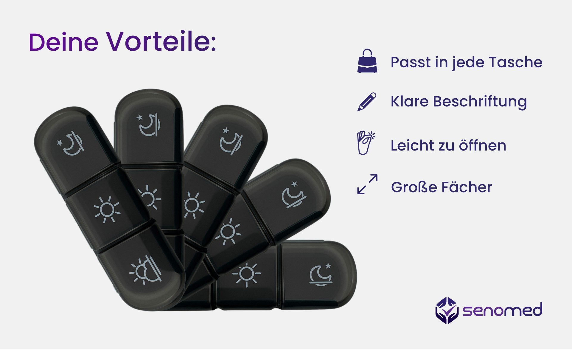 Senomed Pillendose Tablettenbox mit 3 Fächern pro Tag – Wochendosierer schwarz, Spülmaschinengeeignet bis 50 °C