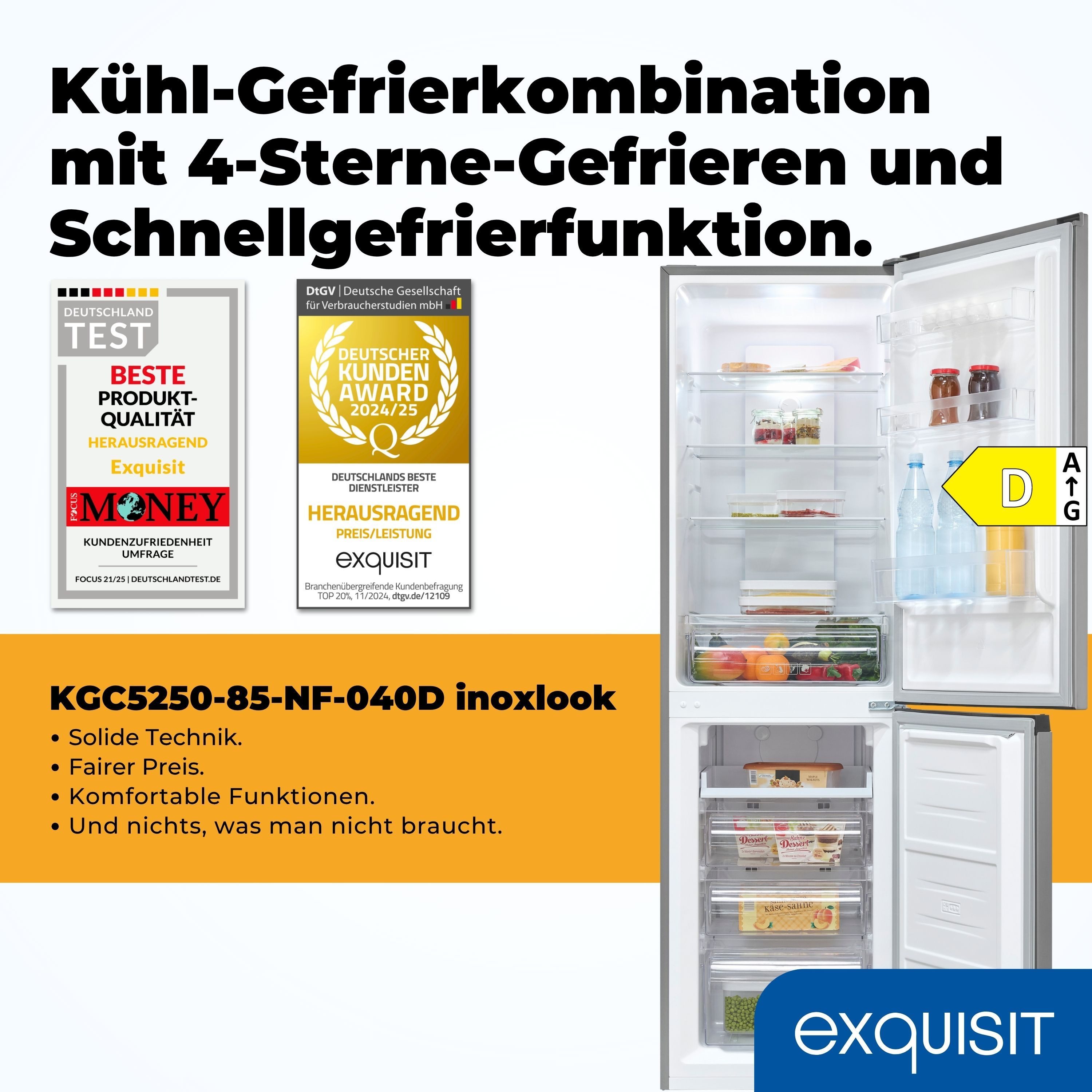 exquisit Kühl-/Gefrierkombination KGC5250-85-NF-040D, 181 cm hoch, 54,5 cm breit, No-Frost, 4-Sterne-Gefrierfach, Schnell-Gefrierfunktion