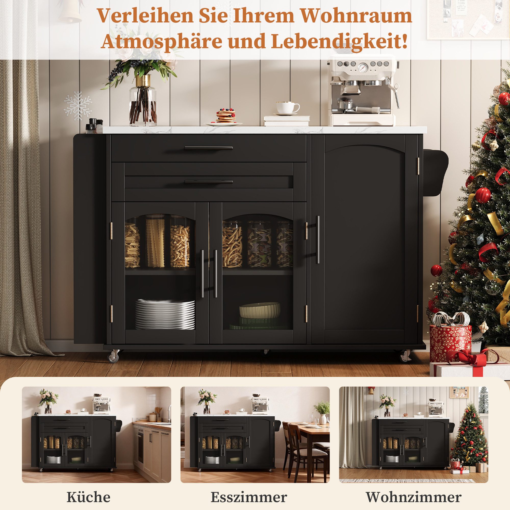 Yorbay Kücheninsel mit klappbarer Arbeitsplatte, Küchenwagen auf 5 Rollen, vielseitige Aufbewahrung, 120x45(70)x90 cm