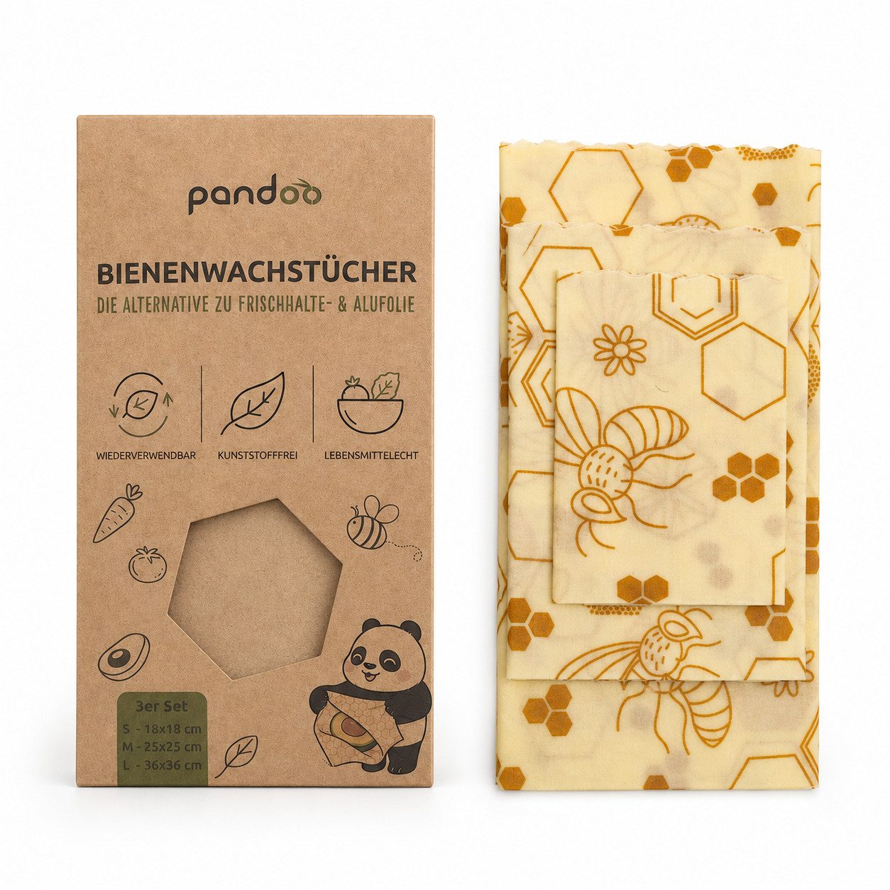 pandoo Bienenwachstücher Bienenwachstücher Starter Set (3 Größen), 3-tlg., wiederverwendbar, nachhaltig – Bild 5 von 5
