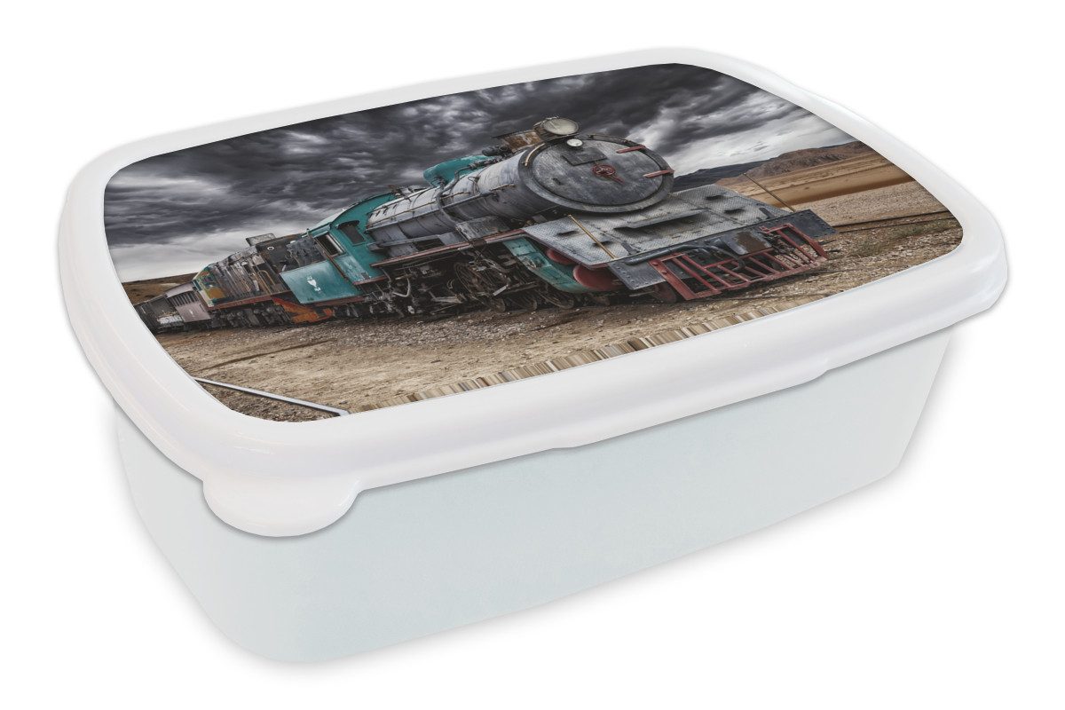 MuchoWow Lunchbox Dunkle Wolken über der Dampflokomotive, Kunststoff, (2-tlg), Brotdose Schule oder Arbeit, Brotbox für Kinder und Erwachsene