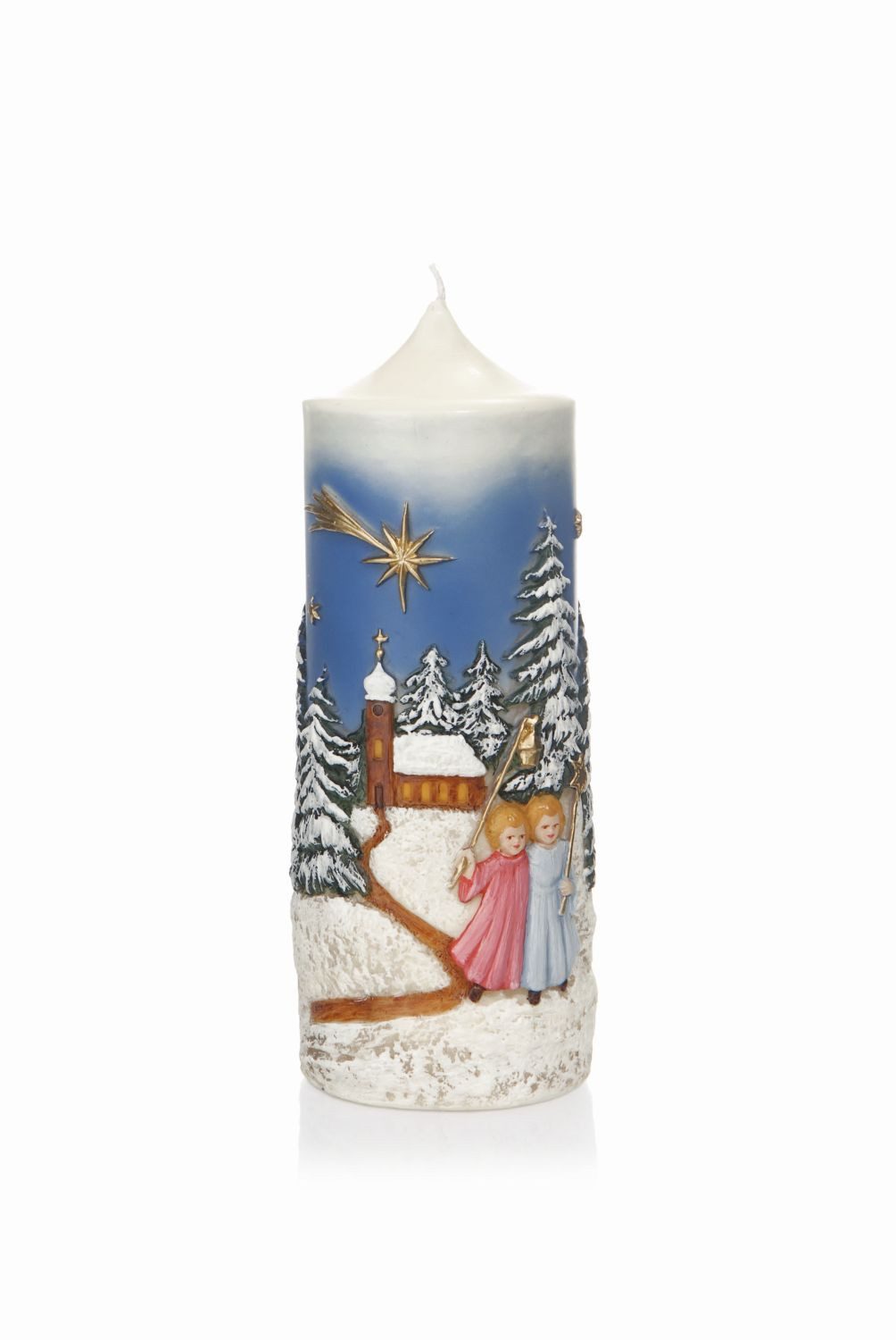 INNA-Glas Adventskerze MEREDITH mit Relief, Laternenkinder, bemalt, bunt, 22cm, Ø8cm