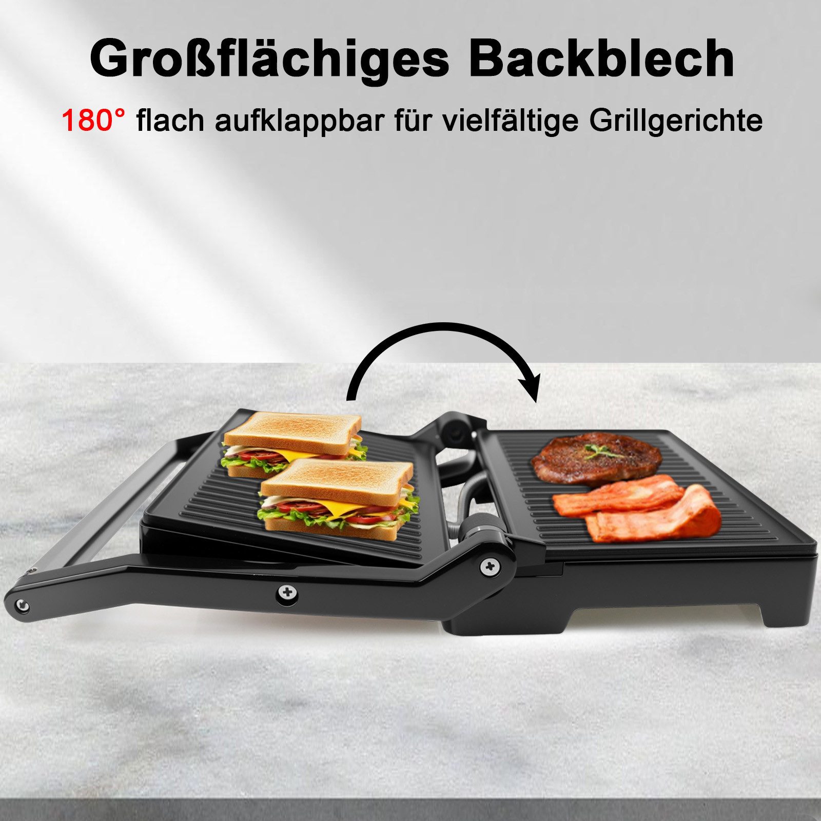 OZAVO Kontaktgrill Elektrogrill Tischgrill 1000W Panini Grill & Sandwich Maker geöffneter, 1000 W, Antihaftbeschichtet Elektrogrill leicht zu reinigen