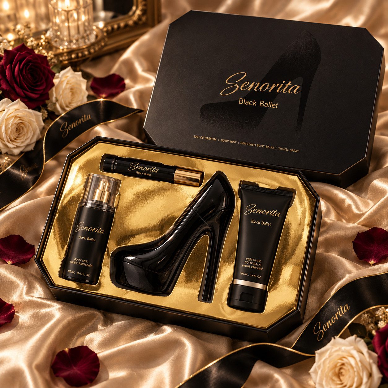 Fine Perfumery London Pflege-Geschenkset Senorita Black Ballet 4-tlg. Geschenkset Inspiriert von F* Fabulous, 4-tlg., Angenehmer Duft, perfekt als Geschenk, attraktive Verpackung