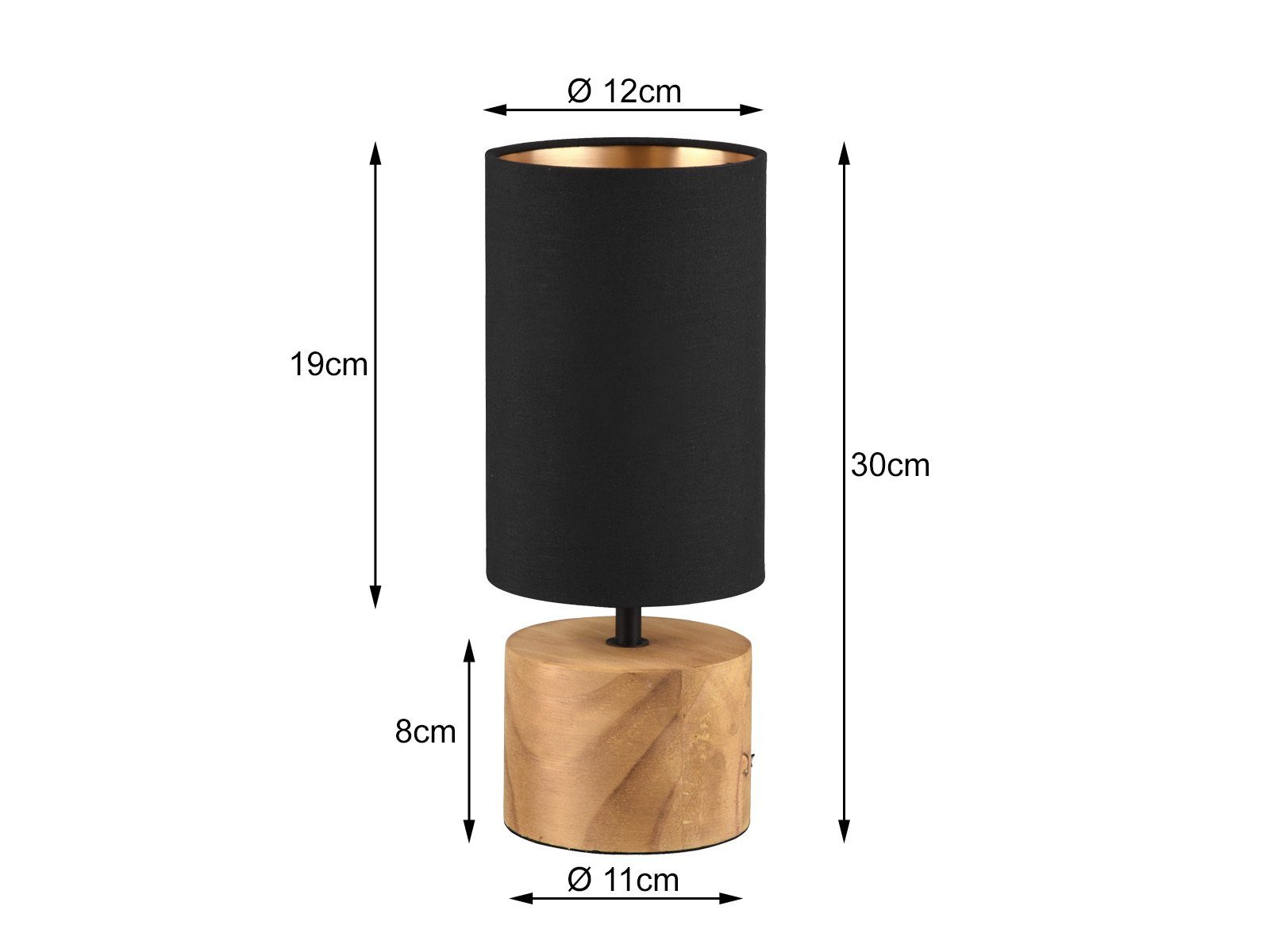 Reality Leuchten LED Nachttischlampe mit Holzfuß & Stoffschirm, Höhe 30cm, dimmbar, LED wechselbar, Warmweiß, runde Tischlampe skandinavisch für die Fensterbank – Bild 4 von 5