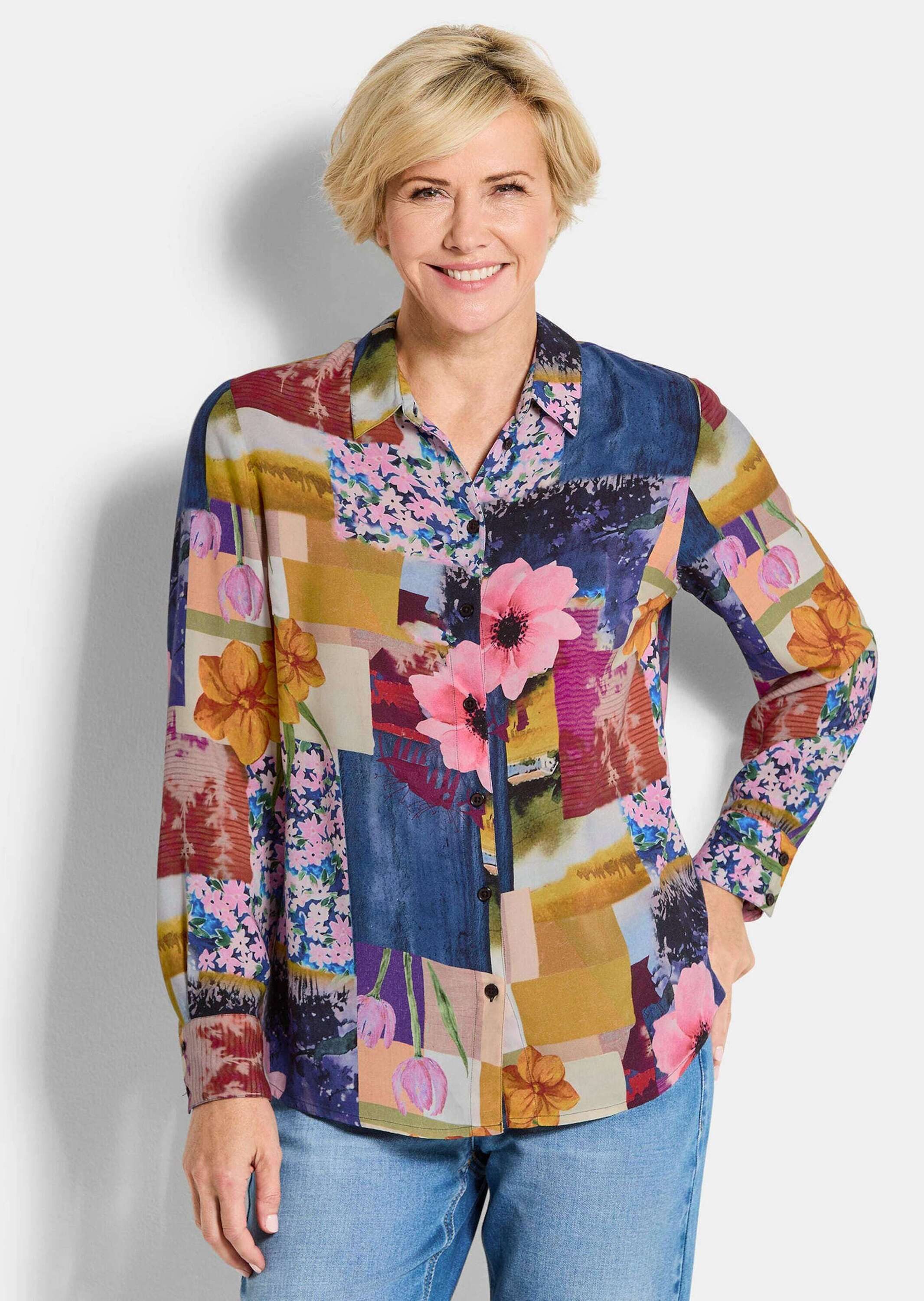 GOLDNER Hemdbluse Viskosebluse mit Patchwork-Print Blusenshirt mit Hemdkragen, Rückenfalte, Knopfleiste und Langarm