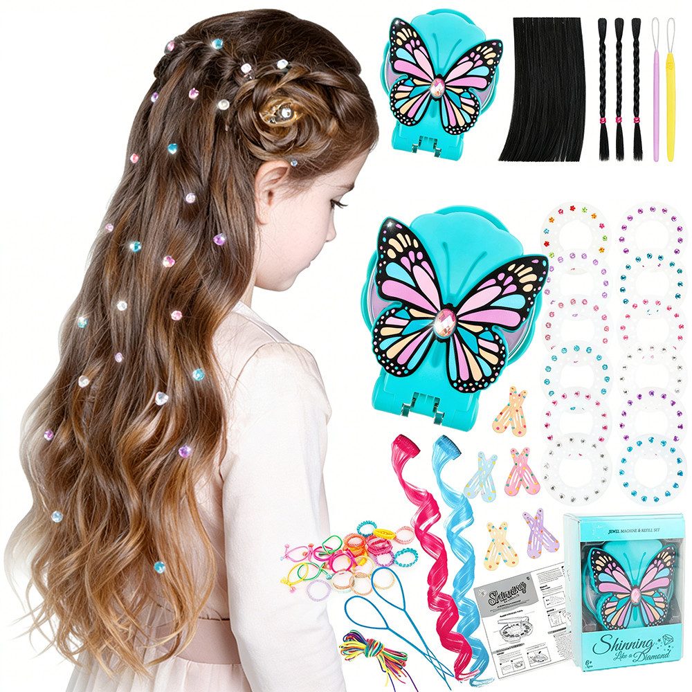 CLTYQ Kreativset Hair Gem Applikator-Set für kinder,Hair Set mit 180 Strasssteinen, Haarclip Strassstein Haarsetzmaschine, Haarschmuck für Mädchen