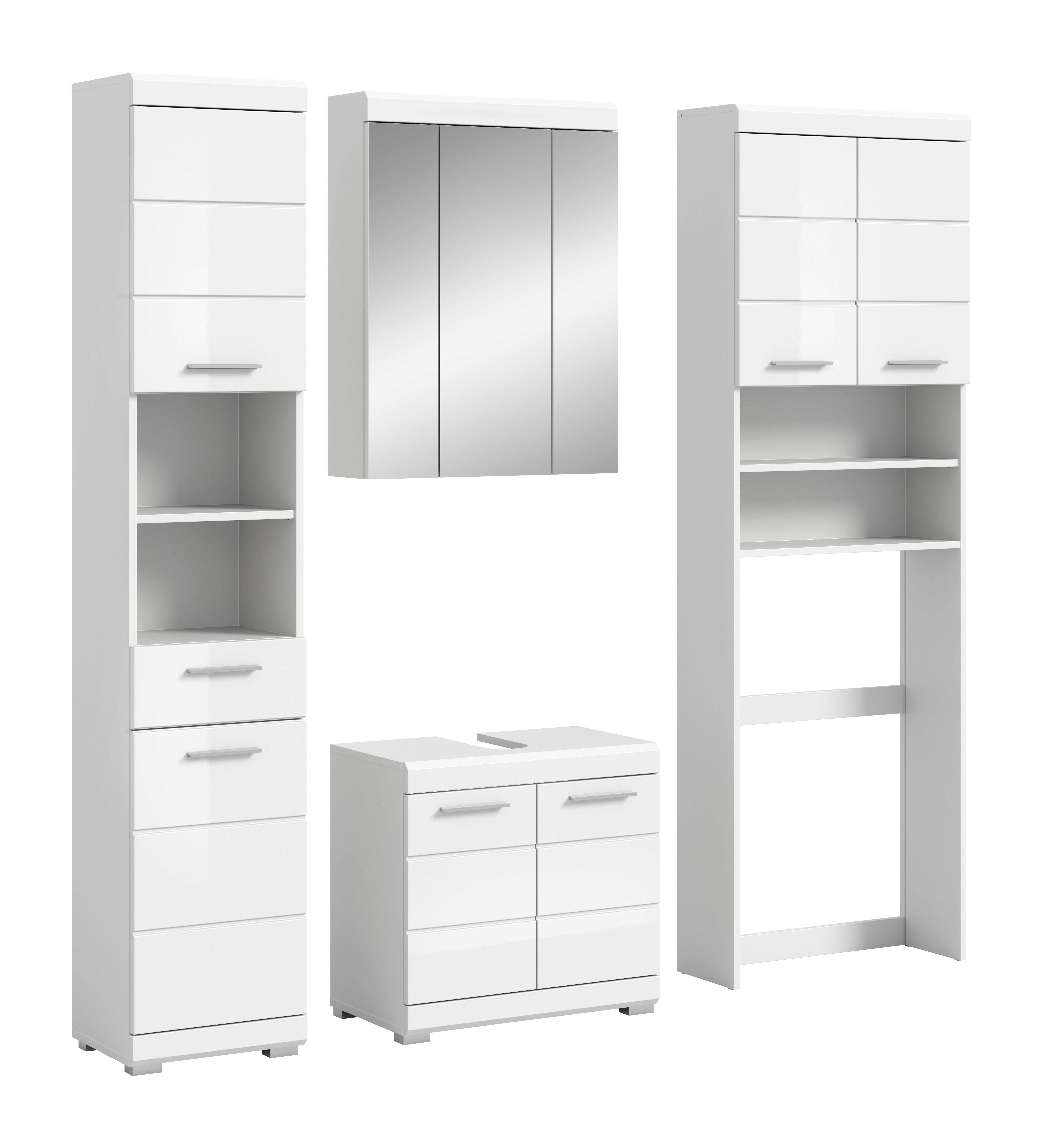 furnling Badmöbel-Set Scott, (4-St., aus Hochschrank, Spiegelschrank, Waschmaschinenumbauschrank, WBU), Badmöbel, Badschränke, Komplett-Set, modern, Breite 190 cm