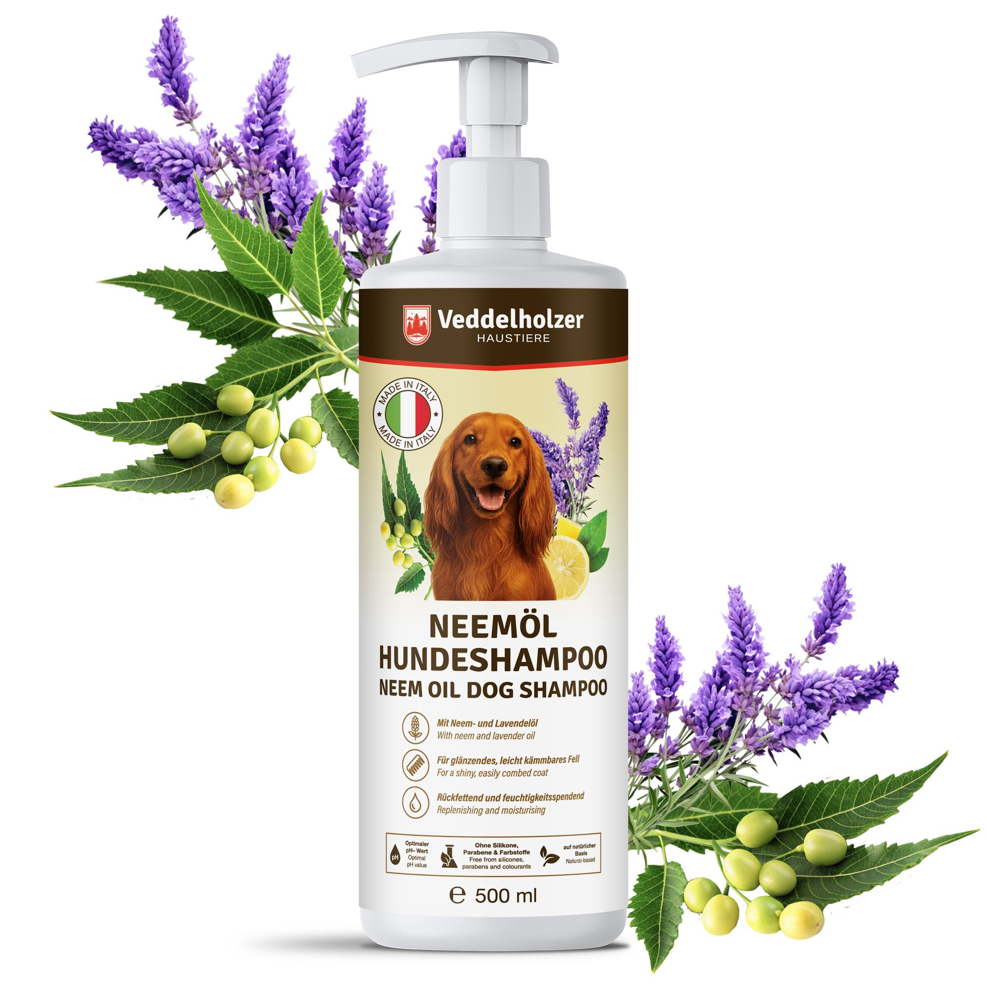 Veddelholzer Tiershampoo 500 ml Natürliches Neemöl Hunde Shampoo sanfte Haut- & Fellpflege, 500 ml, (Rückfettend & Feuchtigkeitsspendend für EIN glänzendes Fell), lindert Juckreiz gegen Flöhe, Zecken & Milben