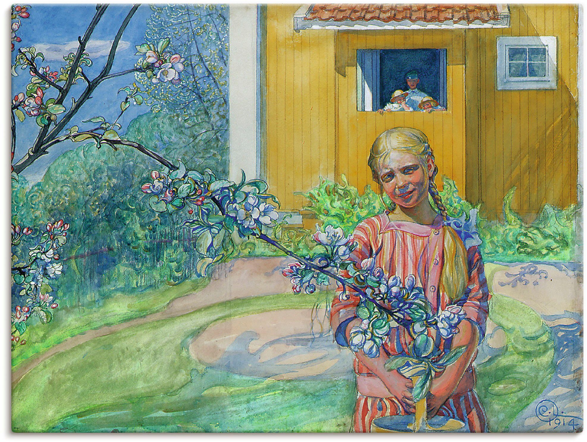 Artland Wandbild Mädchen mit versch. Wandaufkleber als St), in (1 Apfelzweig, oder Größen Leinwandbild, blühenden Poster Kind einem
