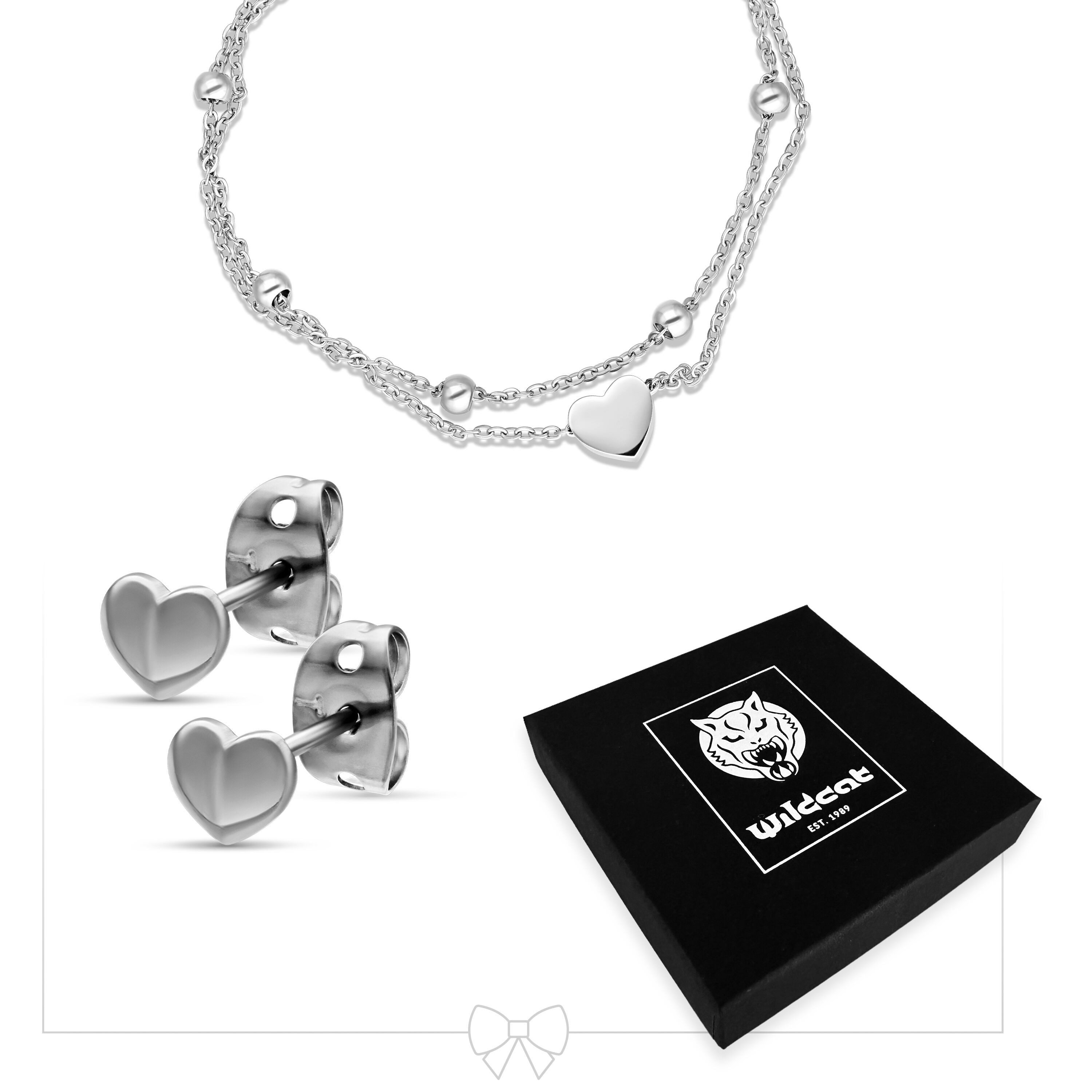 Wildcat Schmuckset Little Heart Bracelet Double Row with Earstuds Set für Ohr, 1 Stück, Chirurgenstahl 316L - wasserfest, hautverträglich, Silber