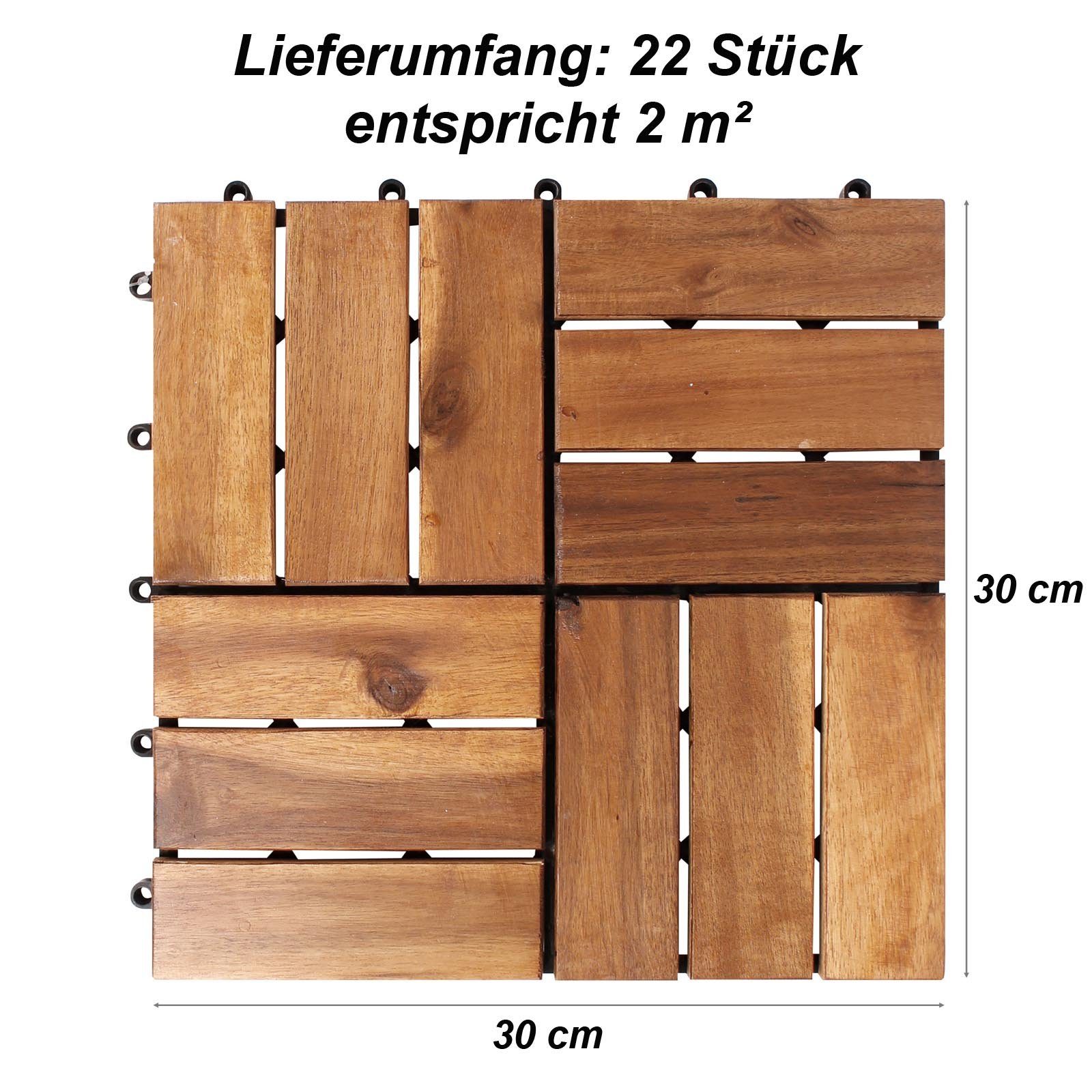 HAC24 Klickfliesen Holzfliesen Akazien Holz Terrassenfliesen Balkonfliesen Steckfliesen, 22 Stück 30x30 cm Akazienfliesen = 2 m²