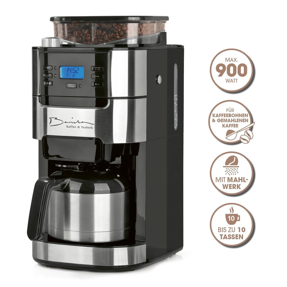 Barista Kaffeemaschine mit Mahlwerk mit verstellbarem Mahlwerk Thermoskanne 24h Timer & Permanentfilter, Kaffeemaschine für Bohnen & Pulver,  mit Isolierkanne,  1000W