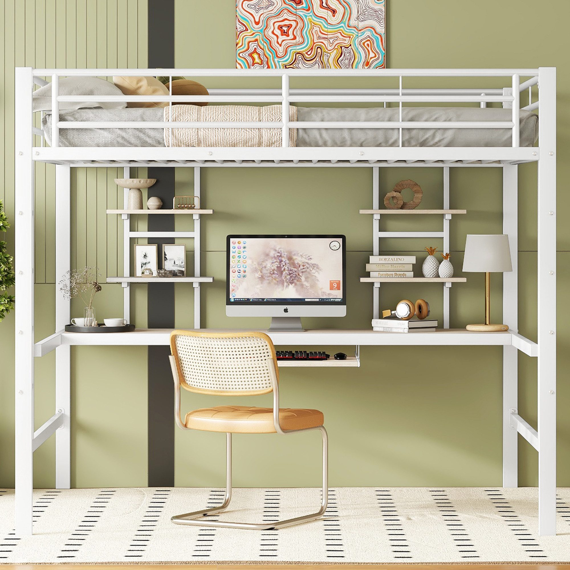 SOFTWEARY Hochbett mit Schreibtisch, Regal, Rausfallschutz und Lattenrost (140x200 cm) Metallbett, Kinderbett, Jugendbett – Bild 3 von 5