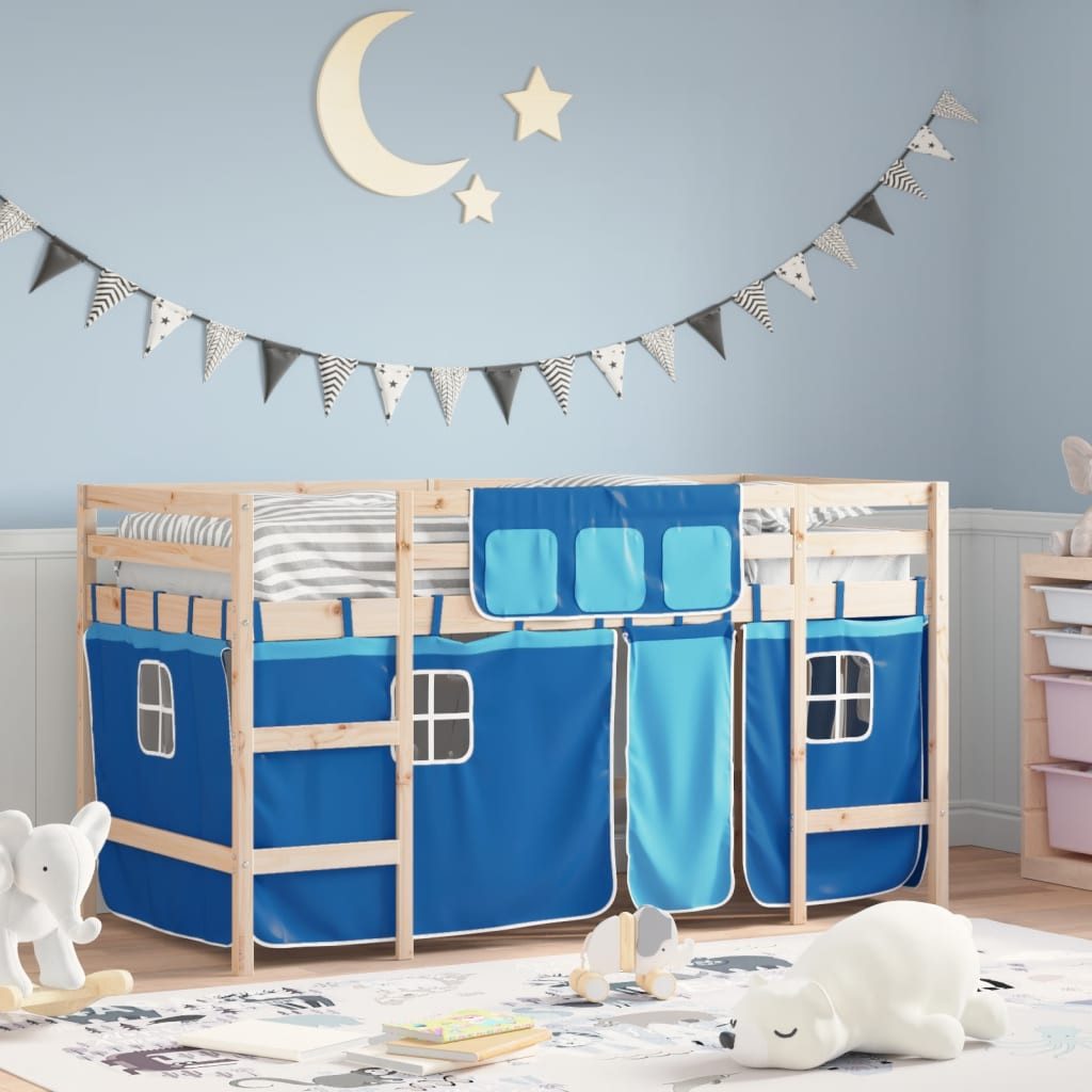 vidaXL Bett Kinderhochbett mit Vorhängen Blau 80x200 cm Massivholz Kiefer