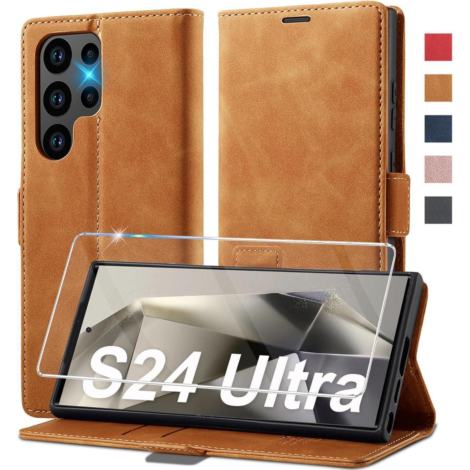 LuxusKollektion Flip Case Handyhülle S24Ultra Kunstleder Klapphülle Schutzfolie Stoßfest Braun