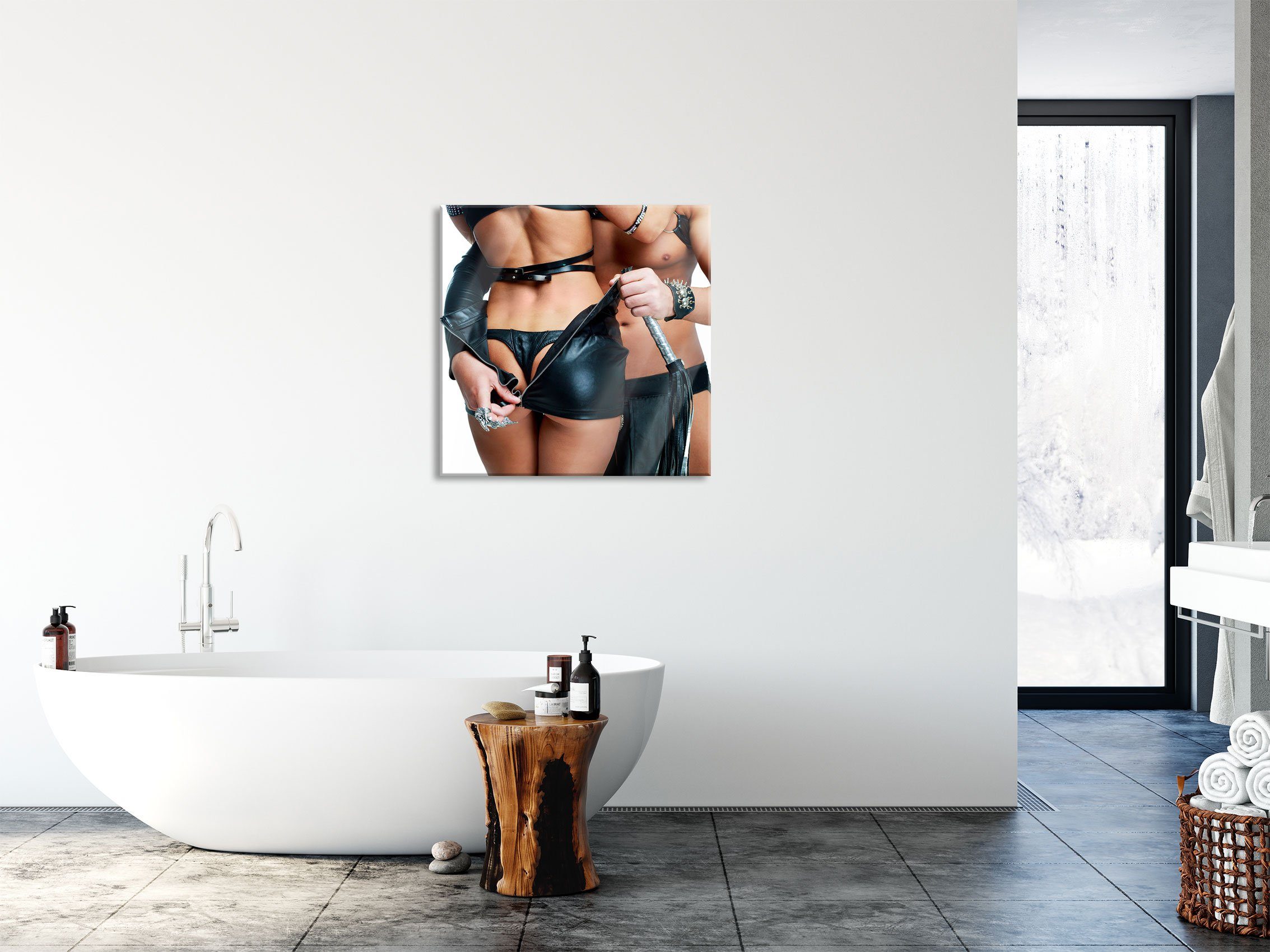 Pixxprint Glasbild Sexy Paar in Ledermontur, Sexy Paar in Ledermontur (1 St), Glasbild aus Echtglas, inkl. Aufhängungen und Abstandshalter