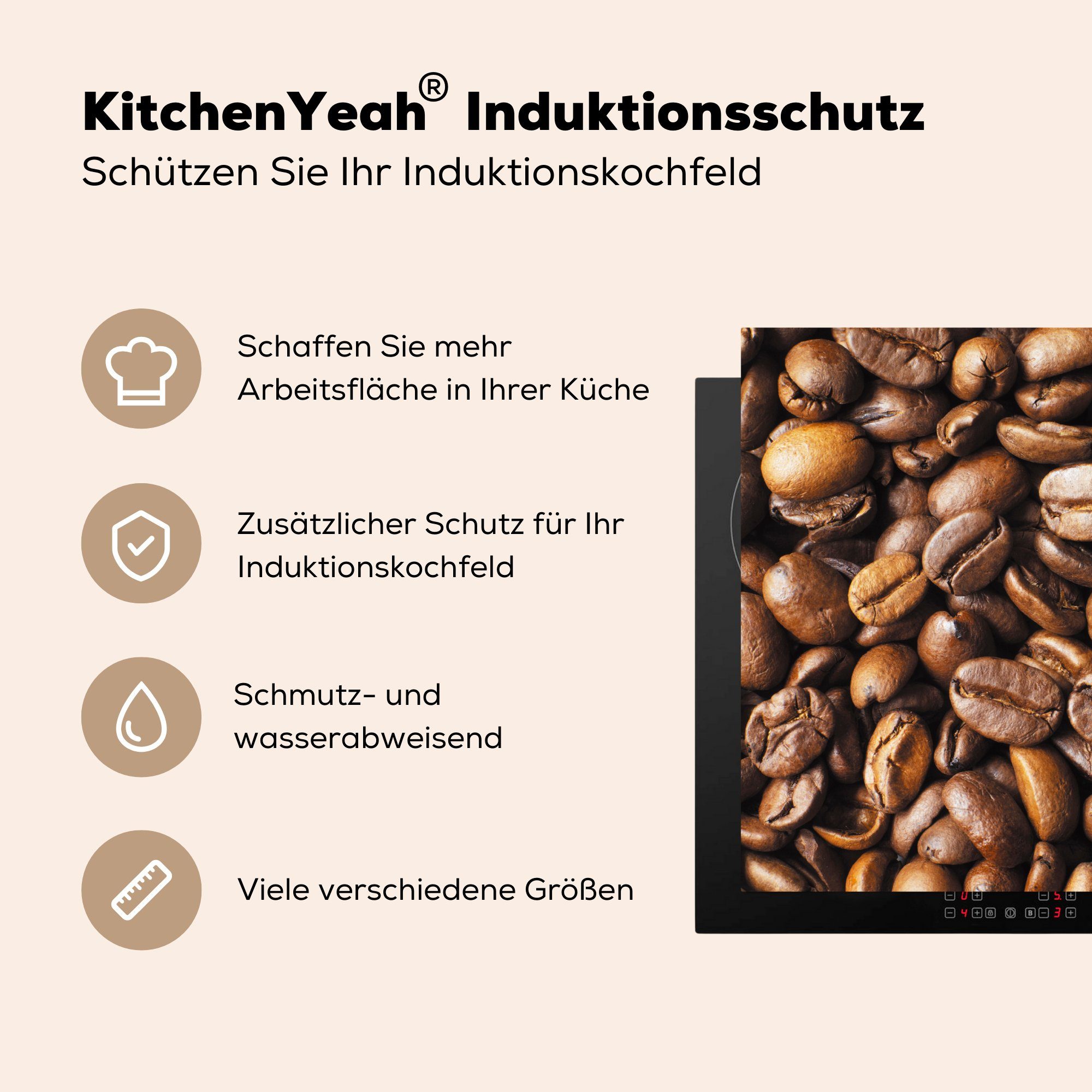 MuchoWow Schutz küche, Induktionskochfeld tlg), (1 für braune Ceranfeldabdeckung Vinyl, 71x52 Kaffeebohnen, die Nahaufnahme Herdblende-/Abdeckplatte cm,