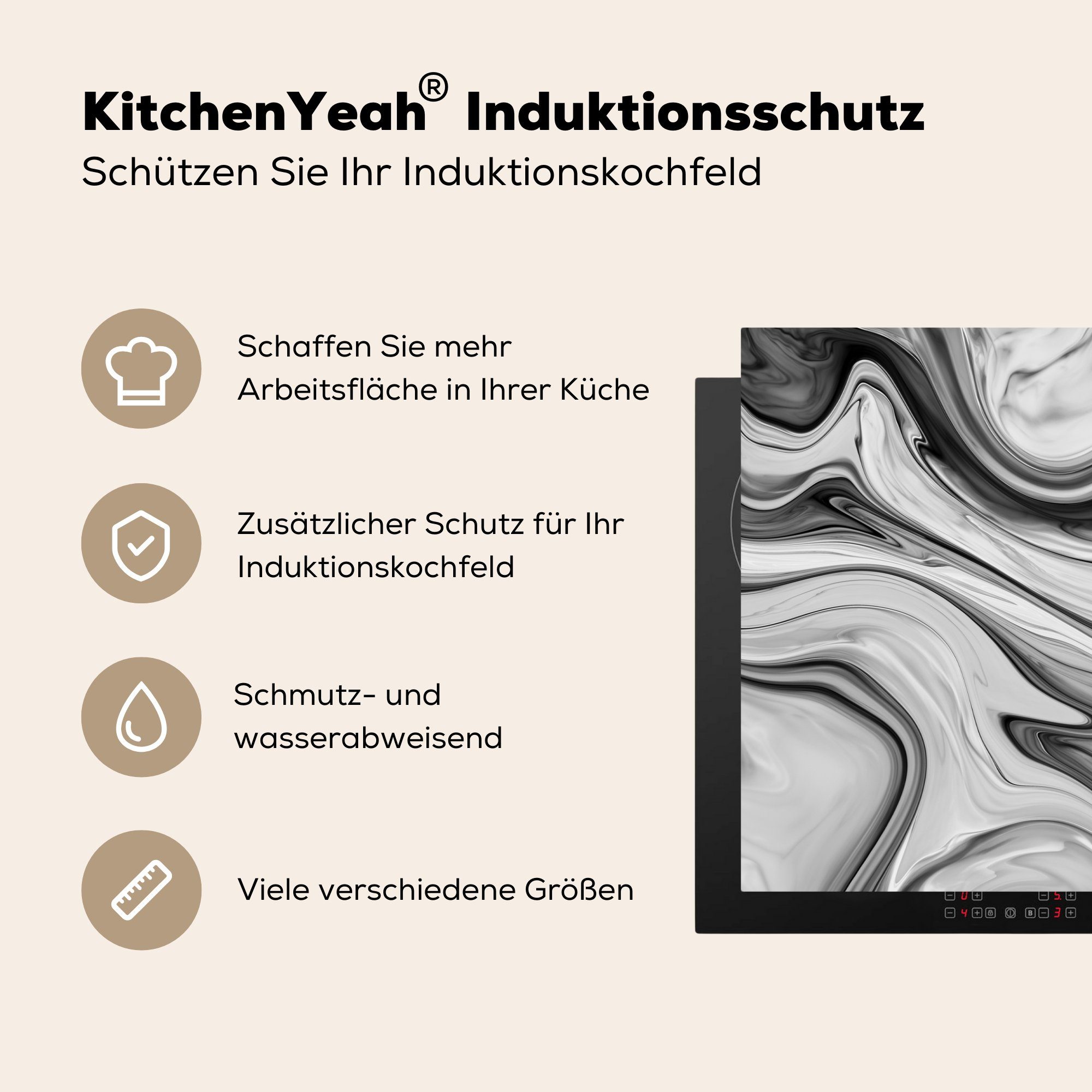 MuchoWow Herdblende-/Abdeckplatte für küche, - - Induktionskochfeld - Grau cm, (1 Marmoroptik die Ceranfeldabdeckung 81x52 Vinyl, Muster tlg), Schwarz, Marmor - Schutz
