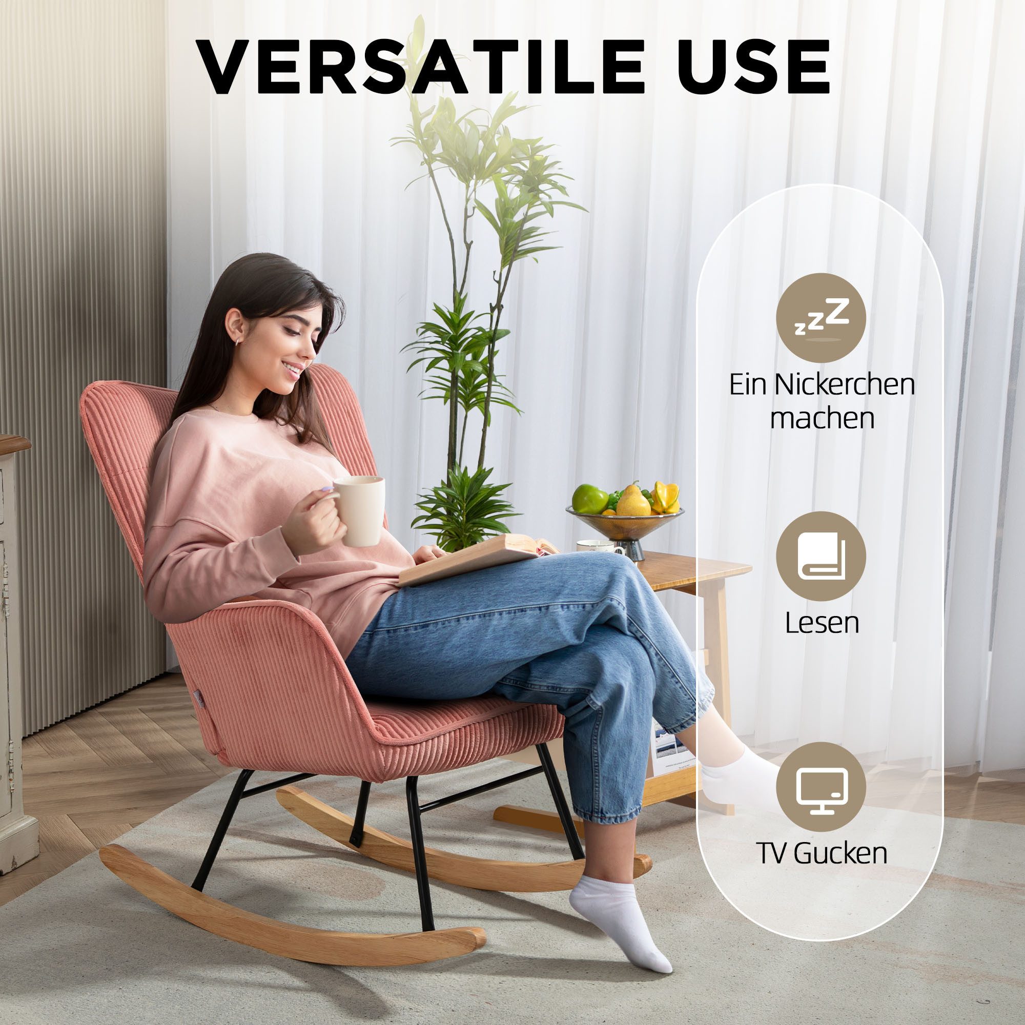 HOMCOM Schaukelstuhl Schaukelsessel mit Cordoptik, Armlehne (Schaukelsessel, 1 St), für Wohnzimmer, Schlafzimmer, Beige