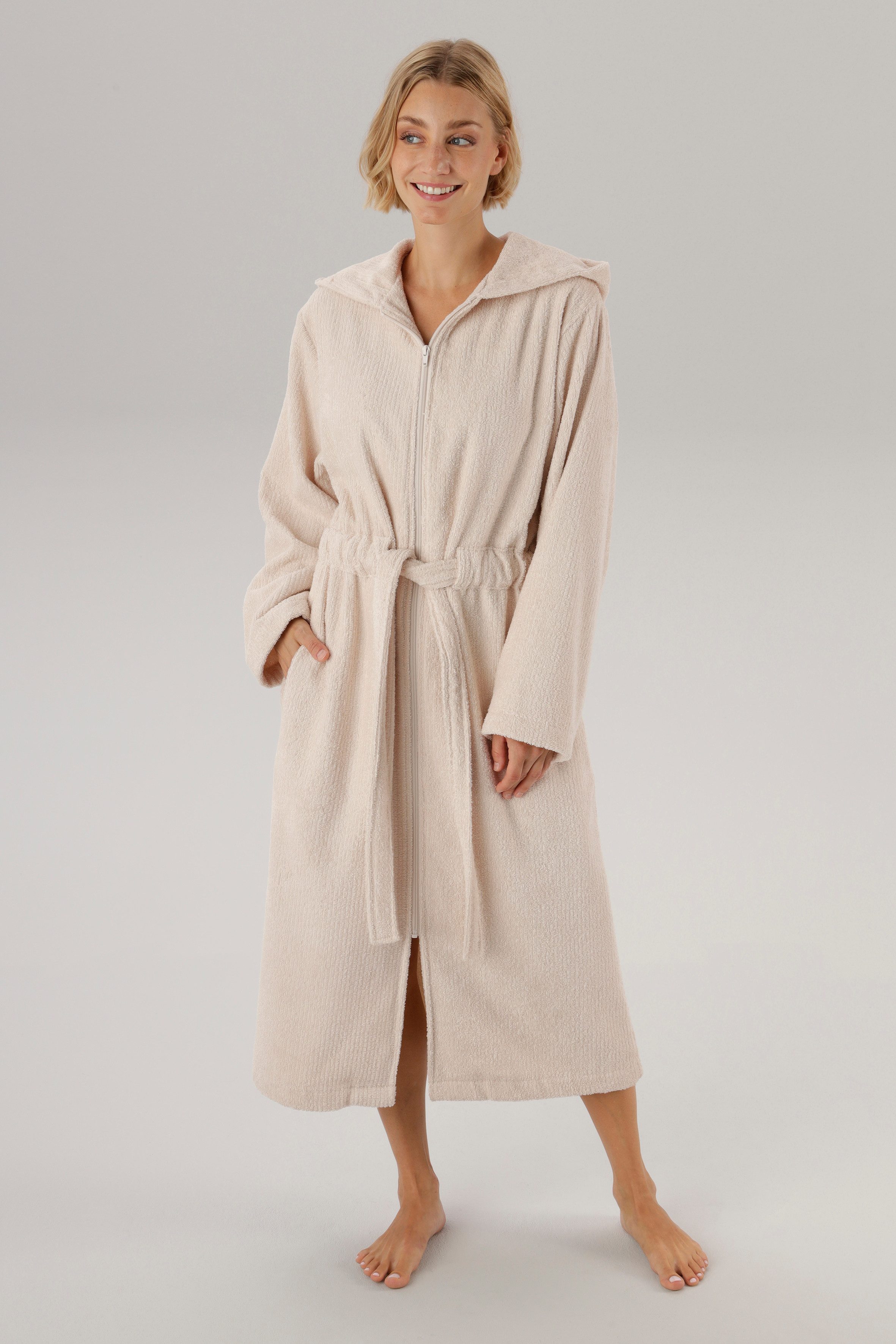 OTTO home Unisex-Bademantel Riva, für Damen & Herren, Standard & Premium Qualität, Langform, Walkfrottee, Kapuze, Gürtel, 100 % Baumwolle, Reise, Hotel, Sauna,  – Bild 5 von 5