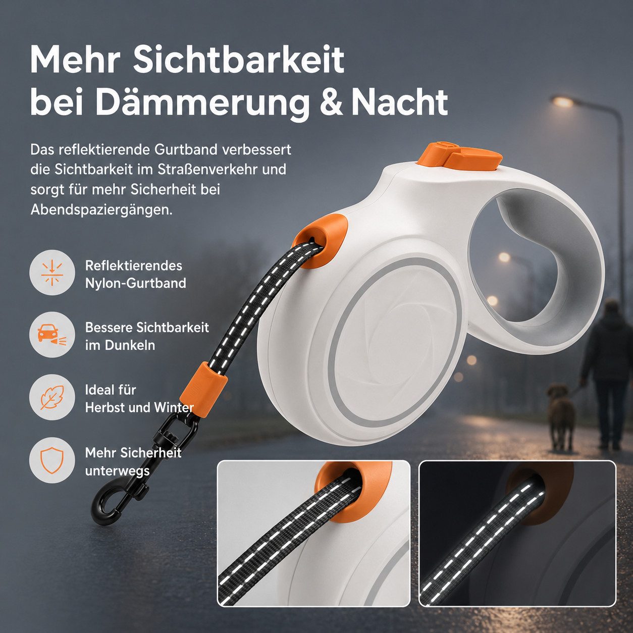 Tekoo Rollleine Hundeleine 5m Gurtband, Reflektierend & Ausziehbar, (Packung), Reflektierendes Gurtband, Verdrehfreier 360° Haken