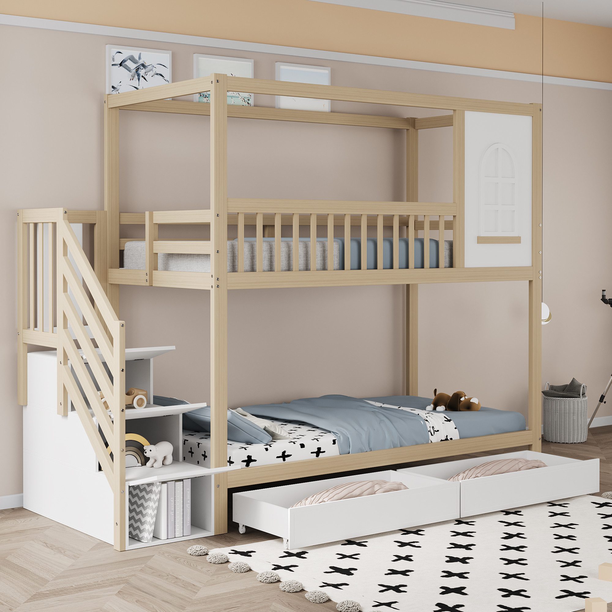 Merax Etagenbett (1-St., Massivholz Stockbett Hochbett Jugendbett Hausbett), Kinderbett 90x200cm Hausbett mit Schubladen Stauraumtreppe Fallschutz