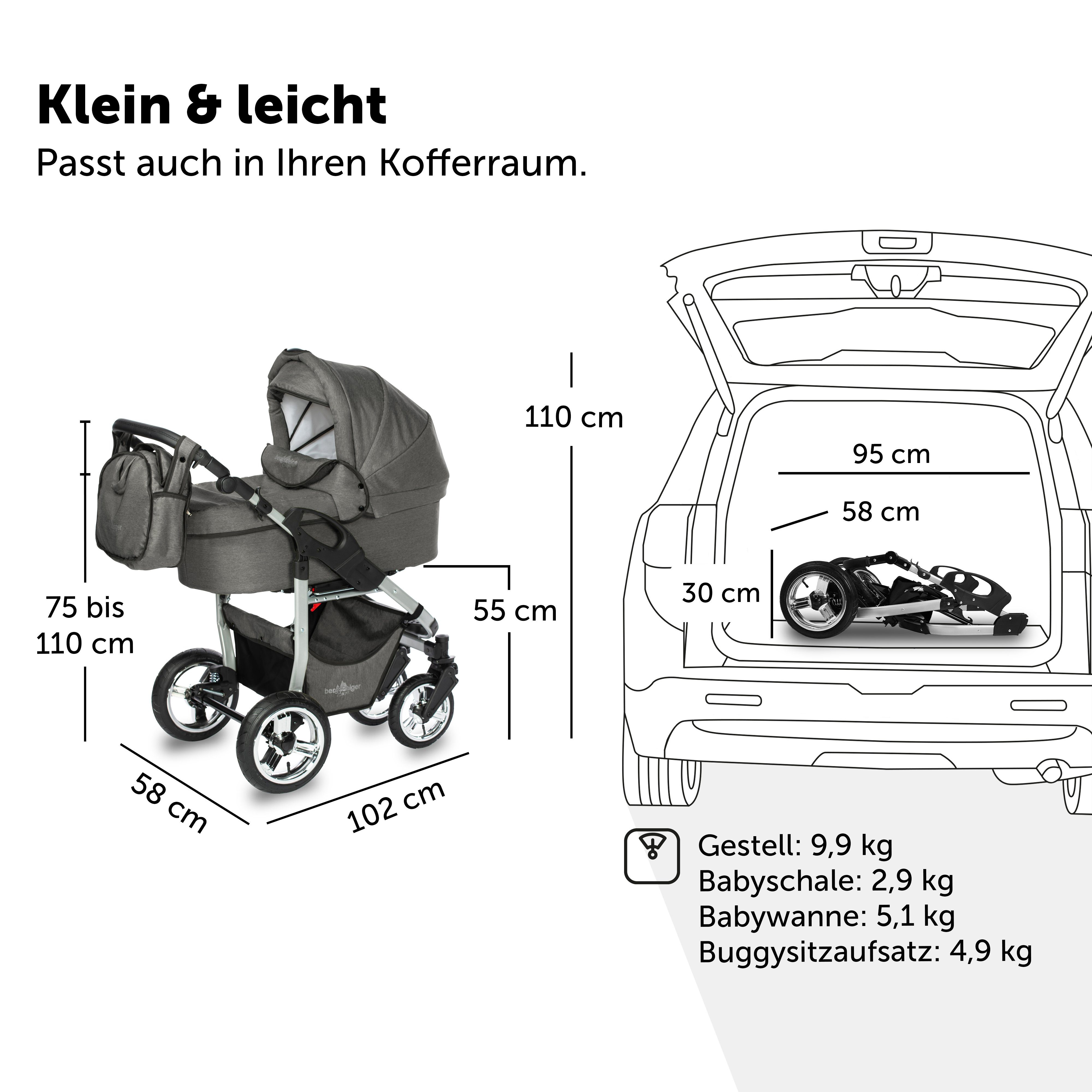 Zubehör Sonnenschutz bergsteiger & grey Gewicht, Kombikinderwagen silber (10-tlg) Wetterfußsack, Babywagen Kombi-Kinderwagen - Federleichtes Capri 3in1, Komplettset - Gestell: Babyschale, Buggy-Aufsatz, inkl.