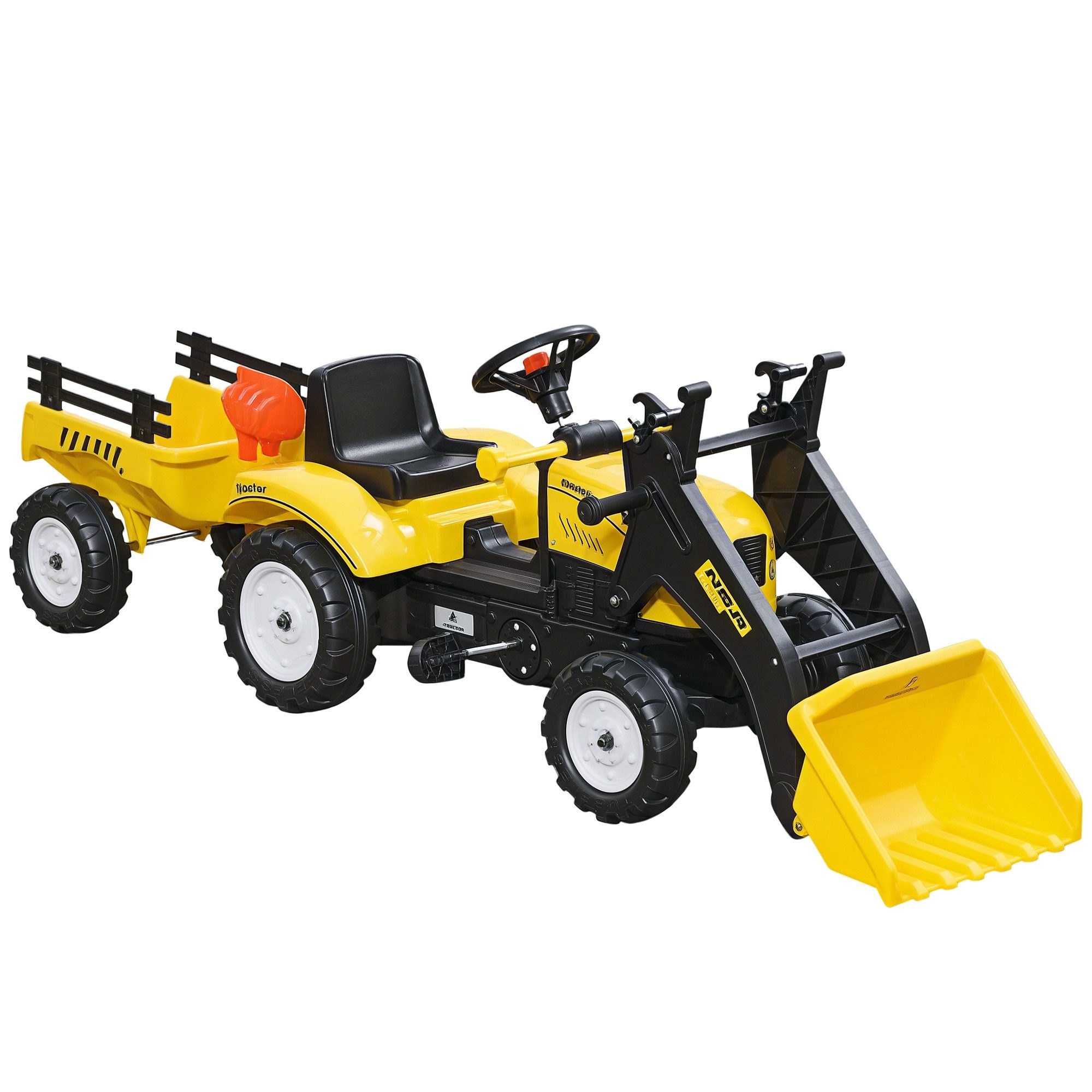 HOMCOM Trettraktor mit Anhänger, Tretfahrzeug mit Schaufel, Kinderfahrzeug Traktor, für ab 3 Jahren Kinder, Gelb