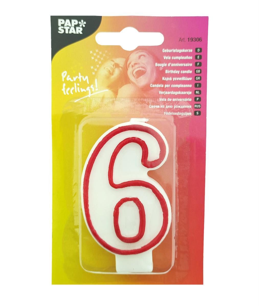 PAPSTAR Geburtstagskerze Zahlenkerze '6' Weiß Rot, 73mm Höhe, 1 Stück (Stück, 1-tlg., Zahlenkerze), Geburtstagskerze Geburtstagstorte Tortendekoration Kuchendekoration