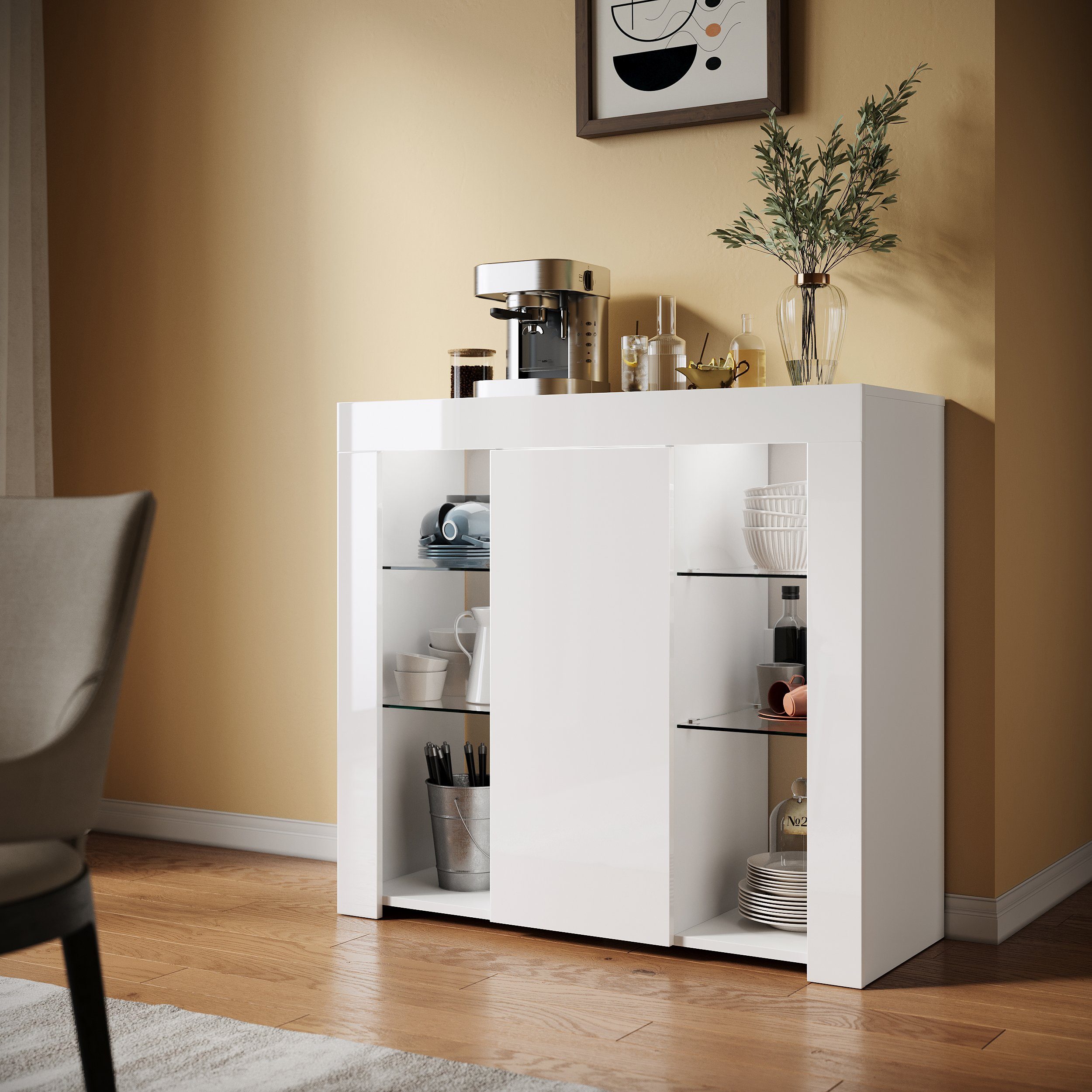 SONNI Sideboard mit LED Beleuchtung 90x35x83cm Weiß/Schwarz Hochglanz, mit Schranktür und 4 glas Einlegeböden – Bild 5 von 5