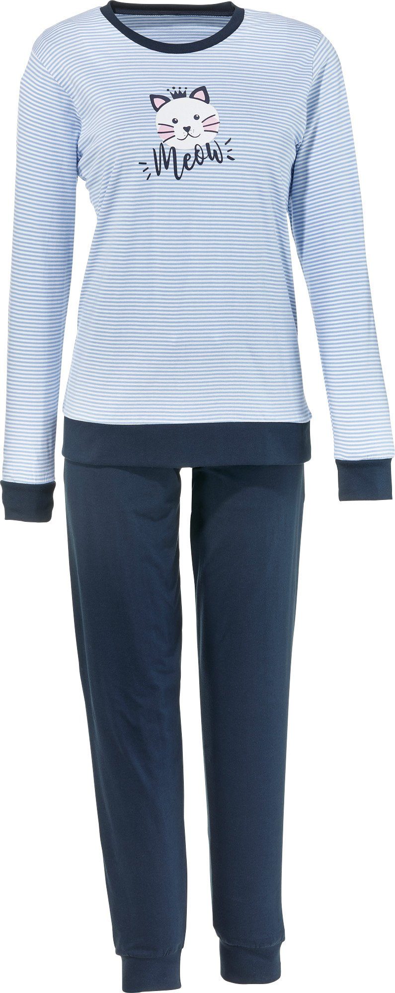 Erwin Müller Pyjama Damen-Schlafanzug Single-Jersey Streifen: Oberteil/Tiermotive: Oberteil, Katze