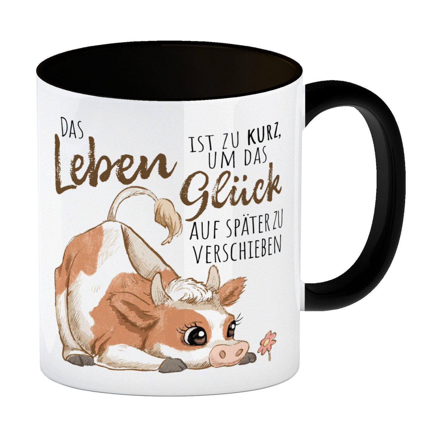 speecheese Tasse Kuh Kaffeebecher in schwarz mit Spruch Das Leben ist
