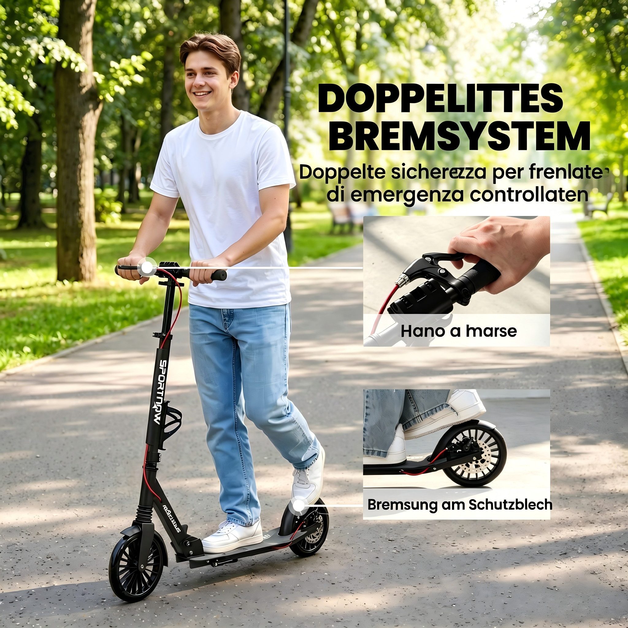 kowdom Scooter Tretroller Erwachsene klappbar Federung & Handbremse, Alu 100kg, (Tretroller), klappbar, höhenverstellbar, Vorderradfederung, Doppelbremse