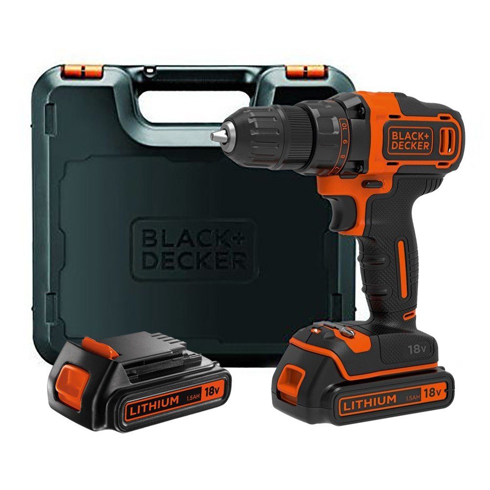 Black & 2x Elektro-Schrauber Akkus Decker 18V BLACK+DECKER Bohrschrauber BDCDD186KB Akku 2-Gang Koffer