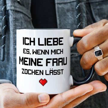 GRAVURZEILE Tasse mit Spruch - Ich liebe es wenn mich meine Frau zocken lässt, Keramik, Farbe: Schwarz & Weiß