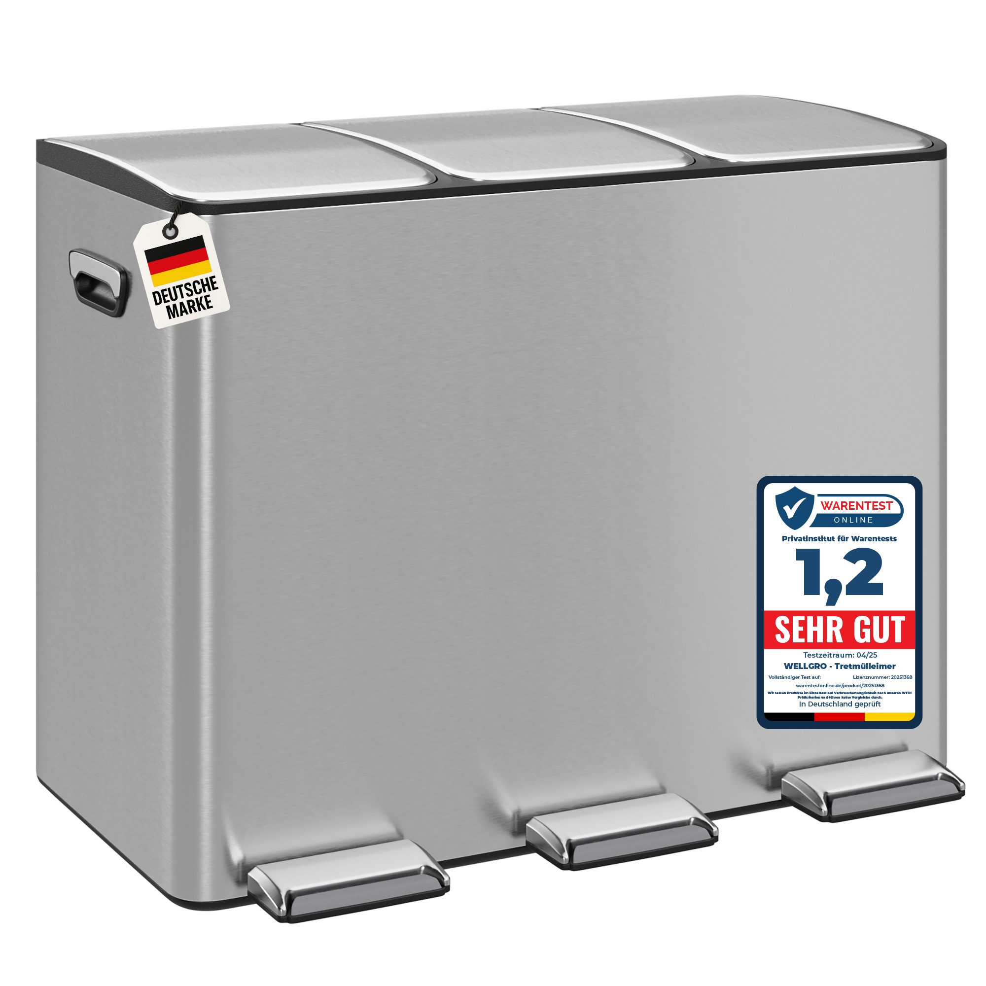 Wellgro Mülleimer Treteimer 3x15L – Edelstahl mit Softclose & Pedal