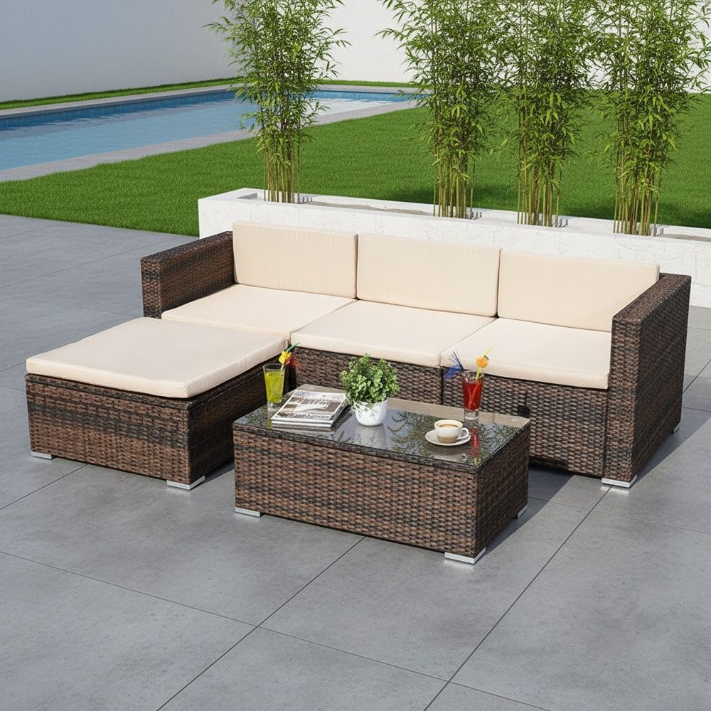 Melko Gartenlounge-Set Gartengarnitur Lounge Polyrattan 5tlg. Sitzgruppe Gartenset, (Set, 5-tlg), Schraub-Ausgleich-Standfüße