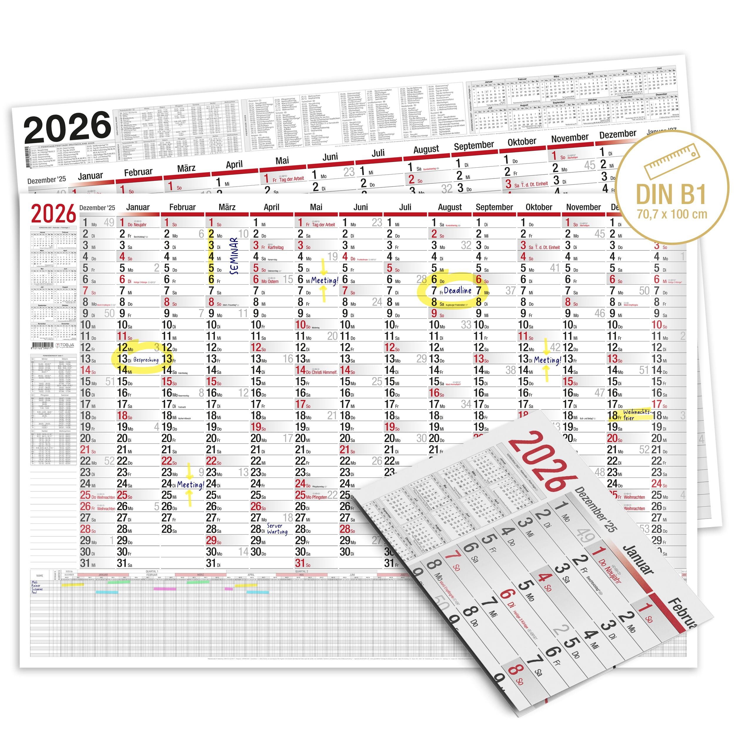 TOBJA Wandkalender XXL Plakatkalender 2026 100 x 70 cm zweiseitig, Wandkalender, Urlaubsplaner, Dienstplaner, Projektplaner