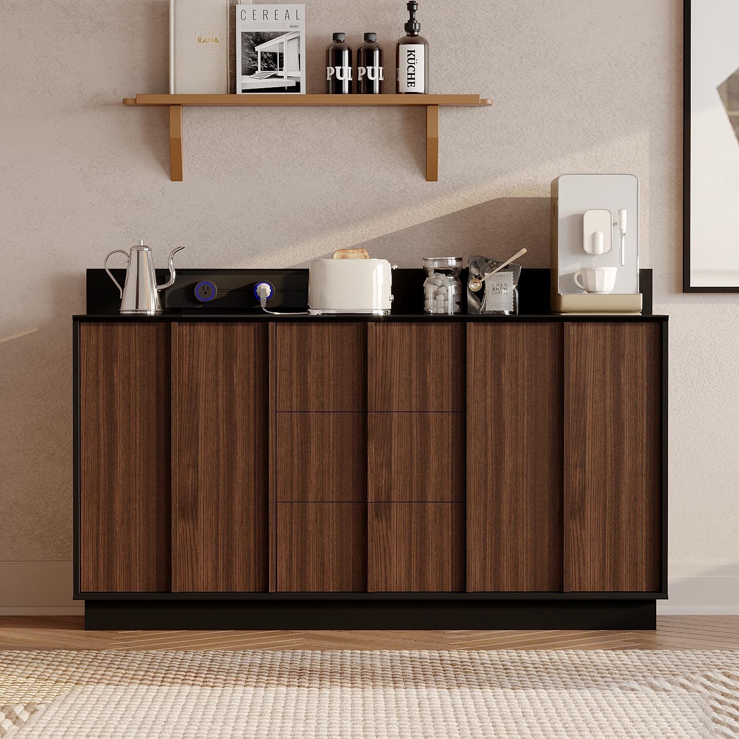FUFU&GAGA Sideboard 150cm Braun Schwarz Kaffeeschrank Stromschienen-System