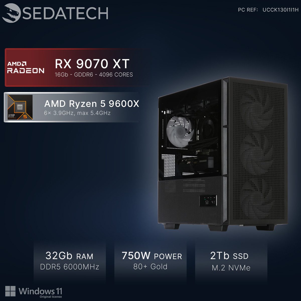 Sedatech UCCK130I1I1HF - Watercooling Gaming-PC (AMD Ryzen 5 9600X 6x 3.9GHz (max 5.4GHz), Radeon RX 9070 XT 16GB, 32 GB RAM, 2000 GB SSD, Watercooling, Wlan 7)