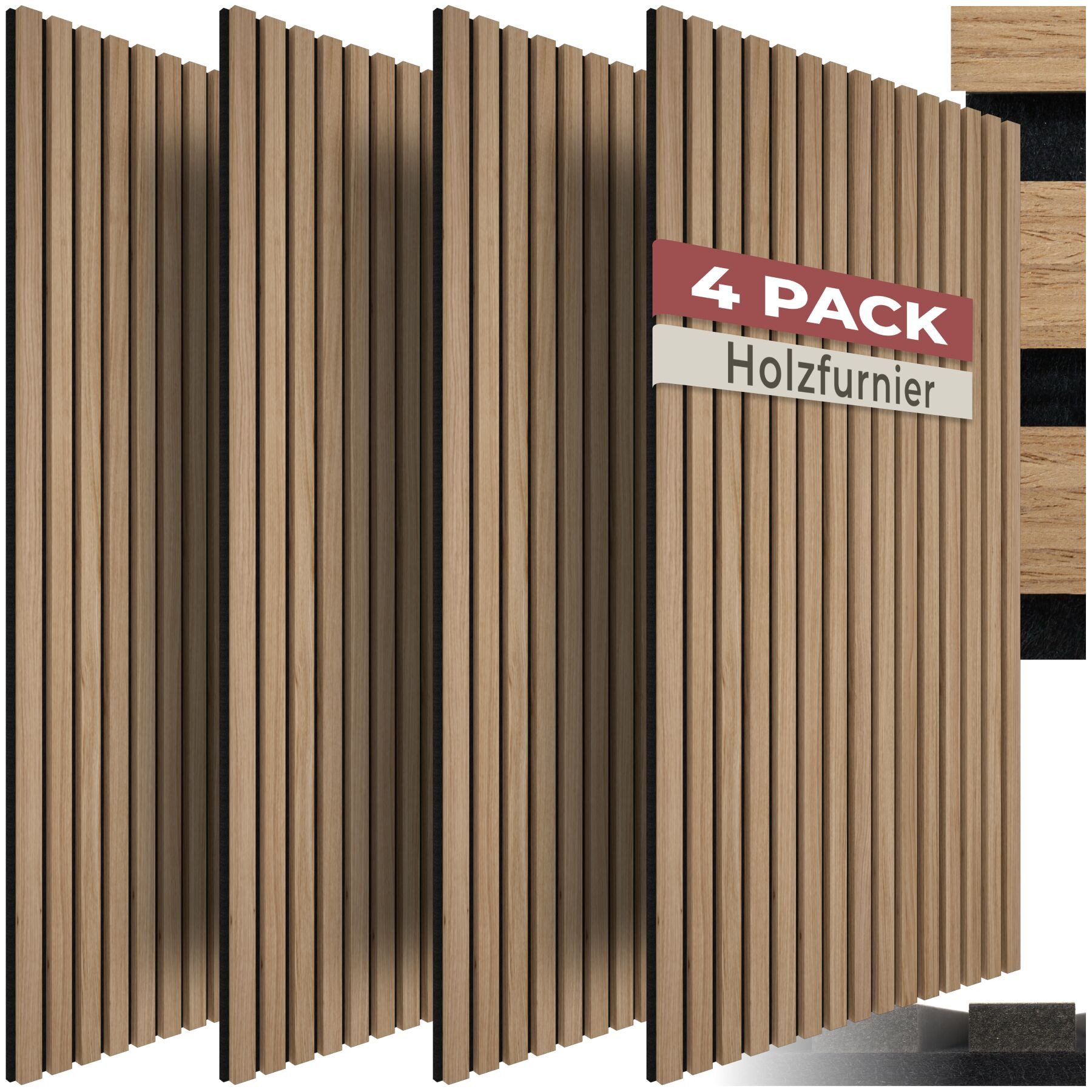 tectake Wandpaneel Akustikpaneele Sonic Wall, MDF und Echtholzfurnier - Eiche, BxL: 60x120 cm, (4 tlg., 4-tlg., je 60 x 120 x 2,1 cm, Größe flexibel anpassbar) schallabsorbierender Filz, einfache Montage mit Kleber oder Schrauben