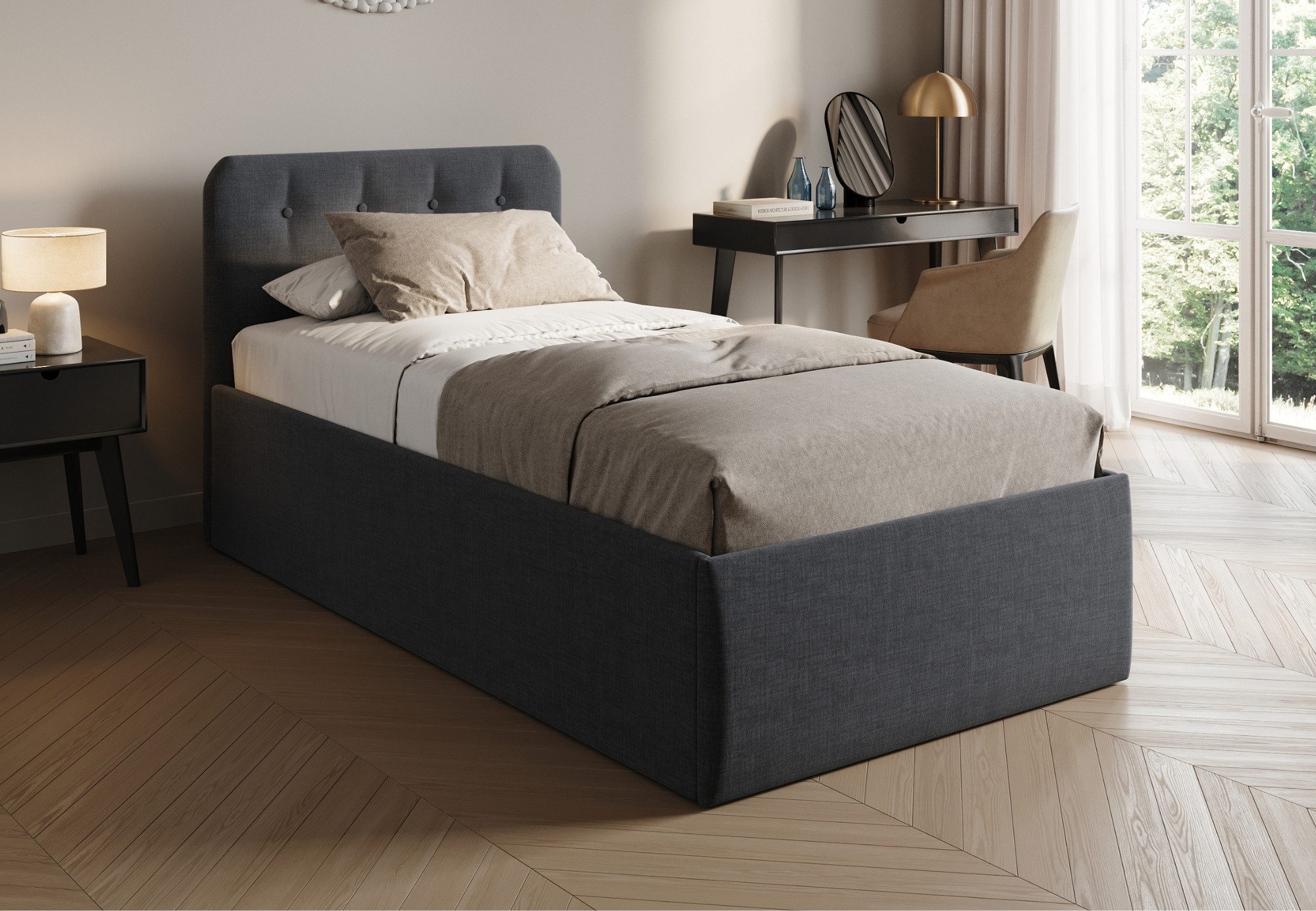 Home Collective Polsterbett Bett mit Stauraum, verstellbarem Lattenrost & Matratze, viele Größen (Größen: 100x200 120x200 140x200 160x200 180x200 200x200, hochwertiger Strukturstoff, made in Germany), wählbare Matratze Federkern oder Kaltschaum, Anthrazit