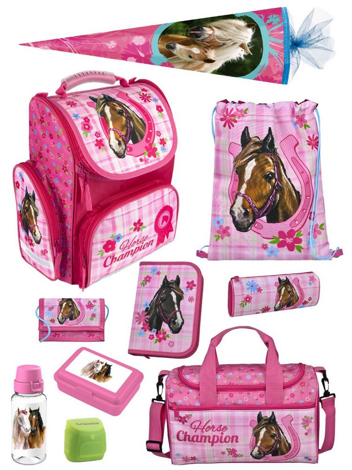 Familando Schulranzen Clou Pferde Champion Schultasche, rosa, ab 1. Klasse (Komplett-Set, 10-tlg., mit Lunch-Set, Sporttasche und Schultüte 85cm), kompakt, mit 2-Wege Reißverschluss