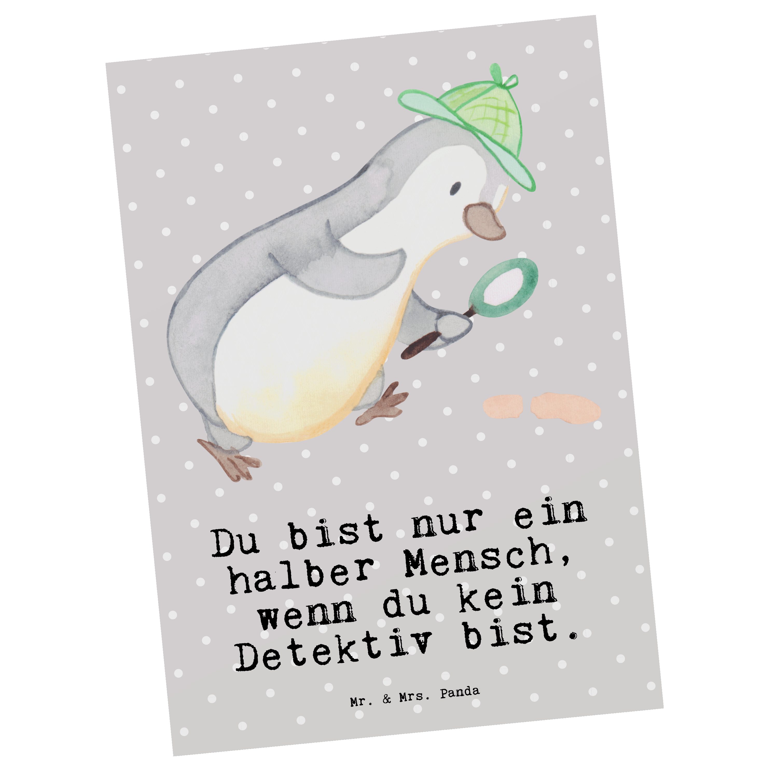 Mr. & Mrs. Panda Postkarte Detektiv mit Herz - Grau Pastell - Geschenk, Privatdetektei, Berufsde