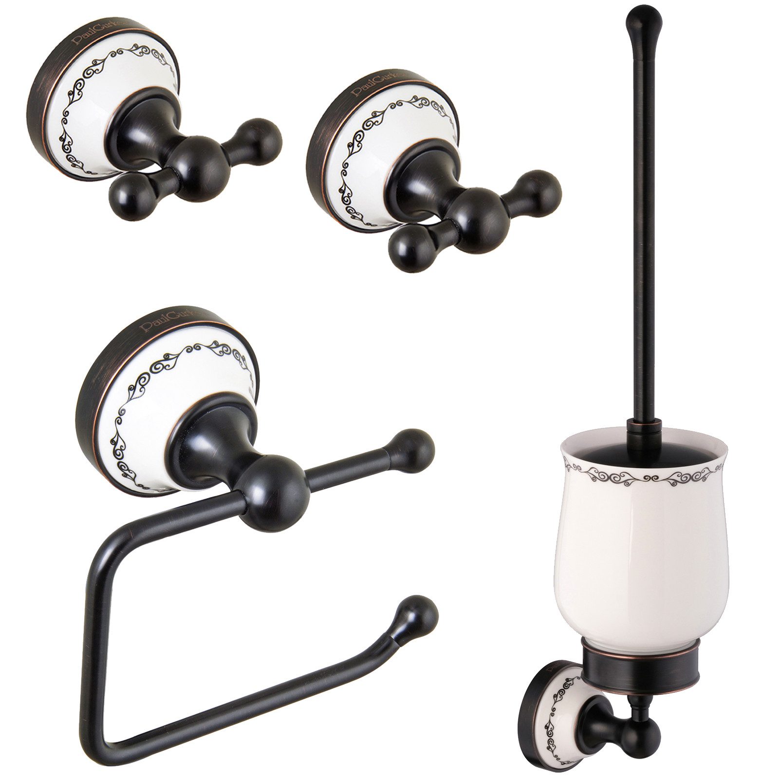 PaulGurkes Badaccessoire-Set, Set, 4 tlg., 4-tlg., Massives Messing, Keramikeinlage mit Bordüre, schwere Qualität