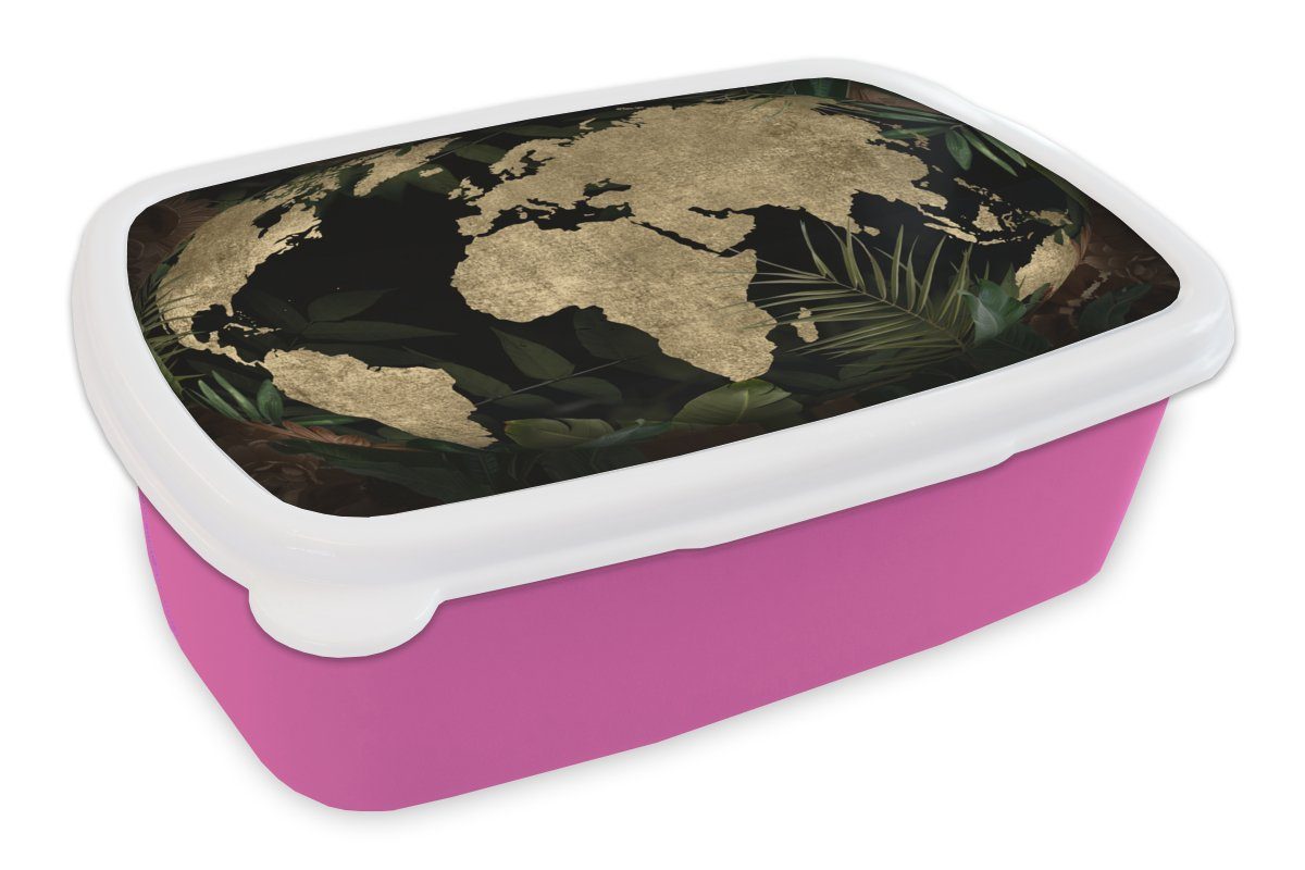MuchoWow Lunchbox Weltkarte - Pflanzen - Vintage, Kunststoff, (2-tlg), Brotbox für Erwachsene, Brotdose Kinder, Snackbox, Mädchen, Kunststoff rosa